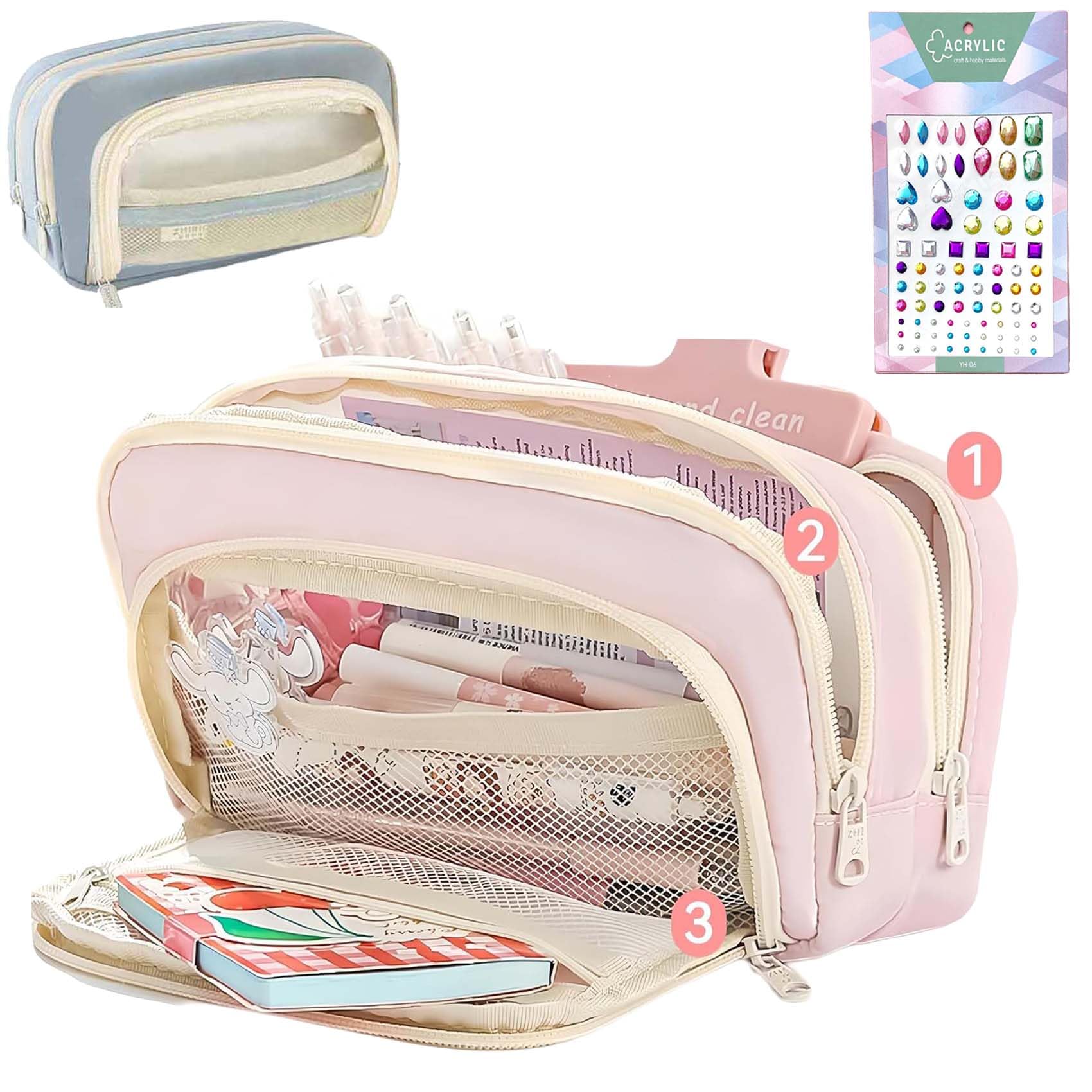 Big Capacity Pencil Case, 3 Compartments Simple Storage Aesthetic Pencil Case, Large Capacity Pencil Pouch Handheld Pen Bag Cosmetic Portable Gift (Pink)