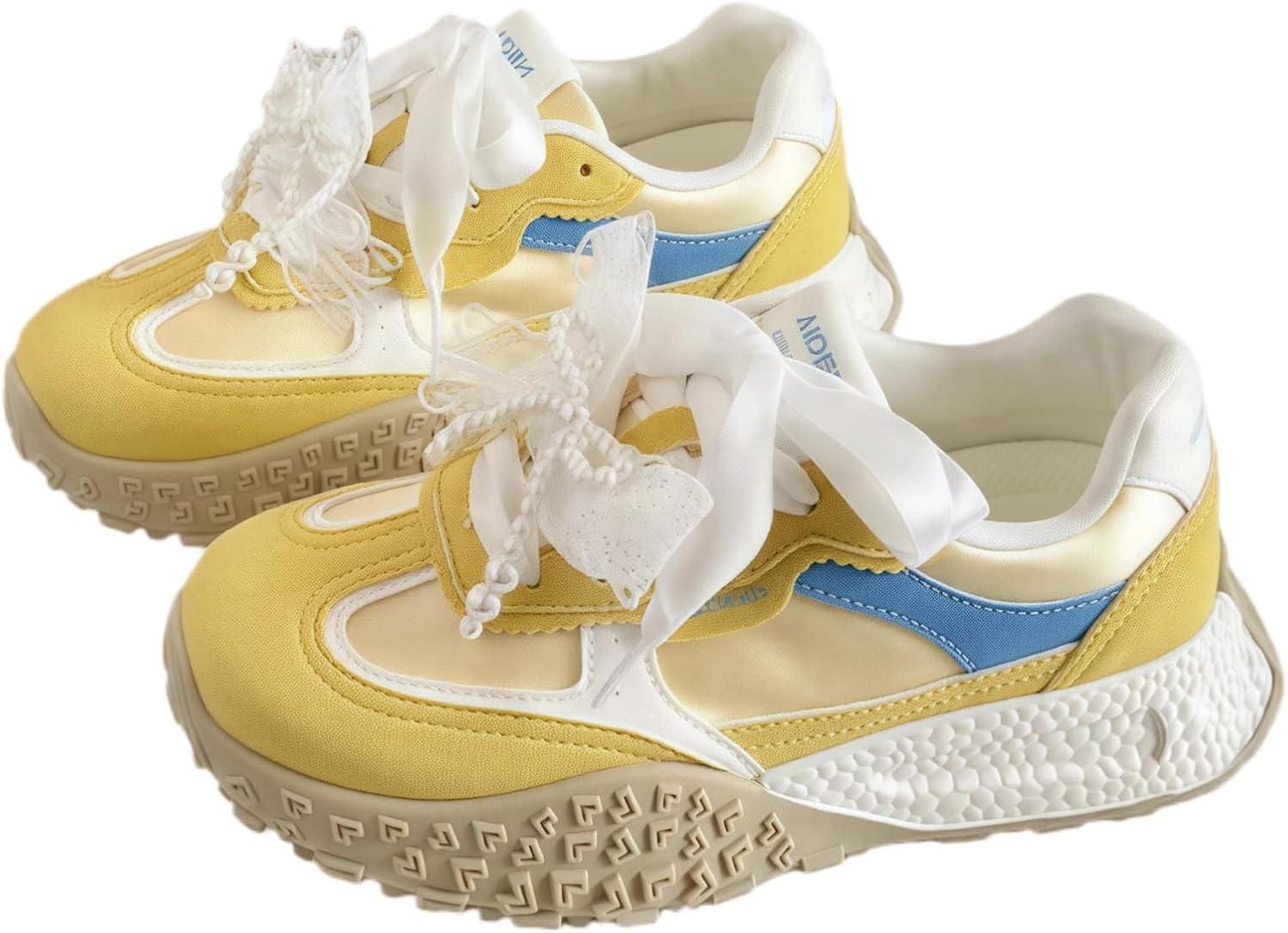 Women Platform Sneakers Pearl Lace Decoration Casual Daily Walking Fashion Chunky Footwear Elegant Ribbon Bow Shoes