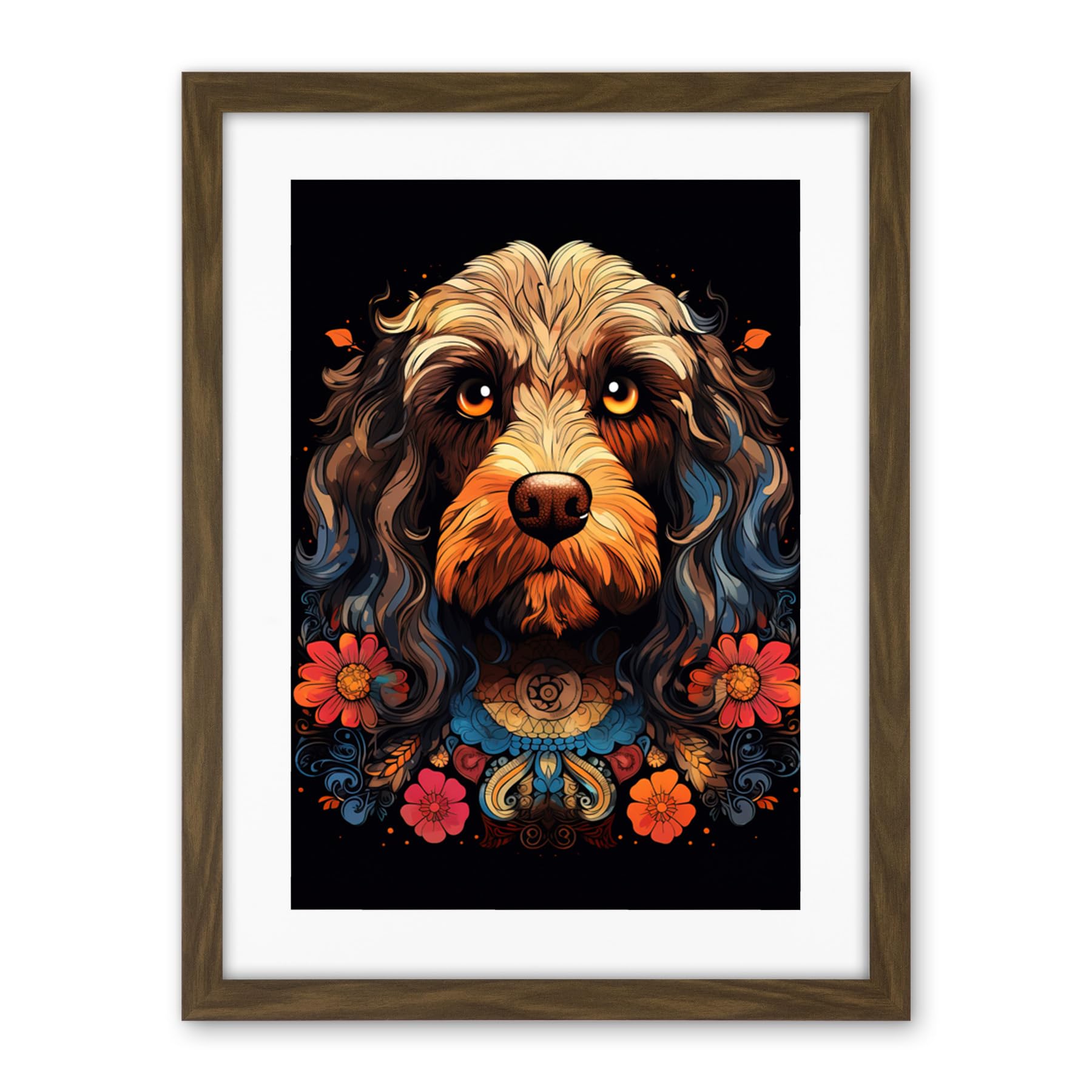Artery8 Cockapoo Dog with Ornate Collar and Flowers Symmetrical Floral Artwork Orange Pink Blue Tribal Design on Black Artwork Framed Wall Art Print 18X24 Inch