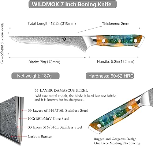 Miniatura 2 de WILDMOK Cuchillo deshuesador, cuchillo de filete de damasco de 7 pulgadas, cuchillo japonés de acero de damasco, cuchillo de filete forjado a mano