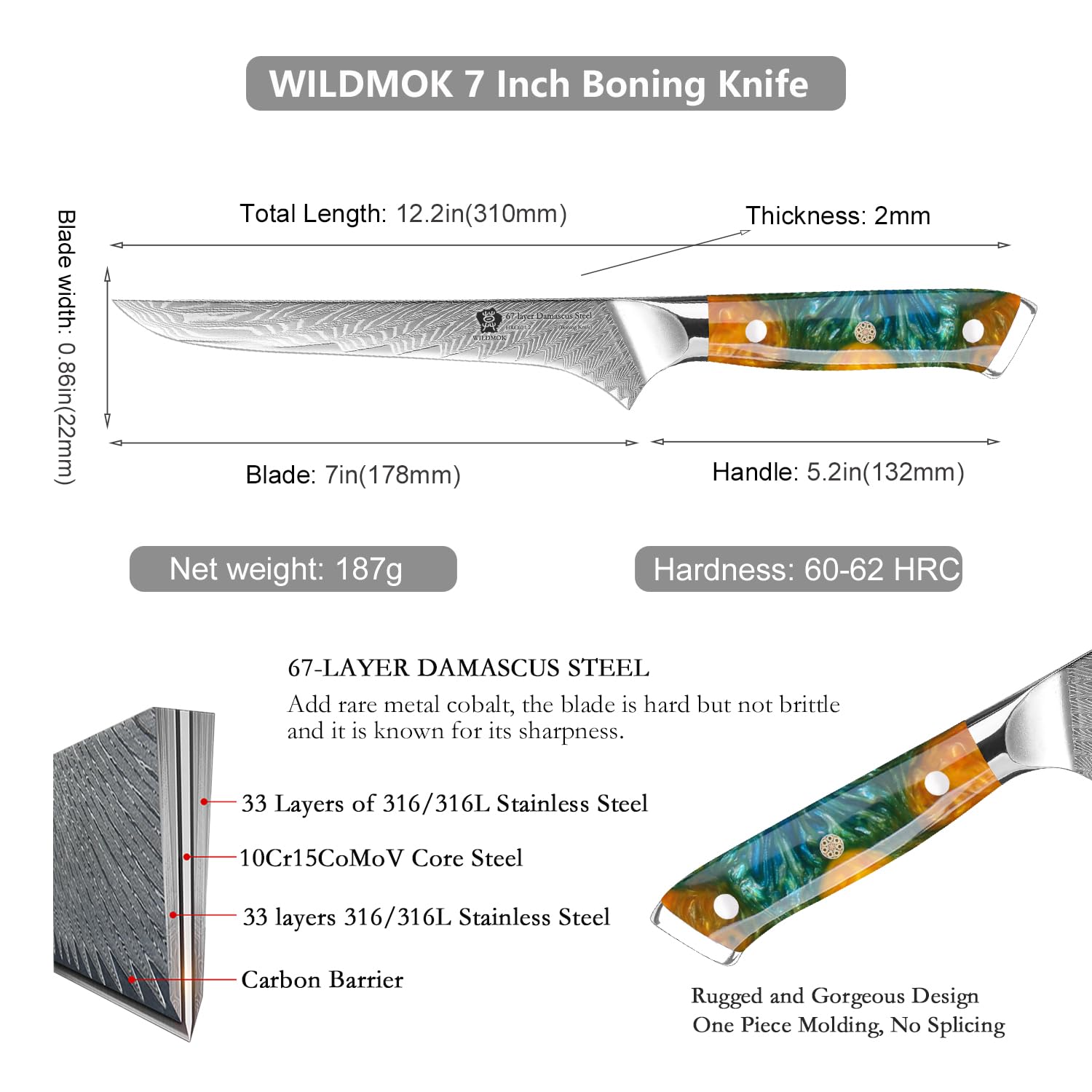 WILDMOK Bone Knife, Japanese Damascus Chef's Knife, Professional Bone Knife, 17.8 cm Professional Bone Knife, Manico completo in resina sintetica