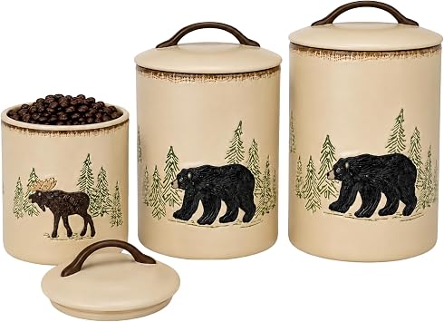 Park Designs Stoneware Rustic Retreat 3 Piece Canister Set | Farmhouse Rustic Countertop Storage | Airtight Seal | Kitchen Counter Ceramic Canister
