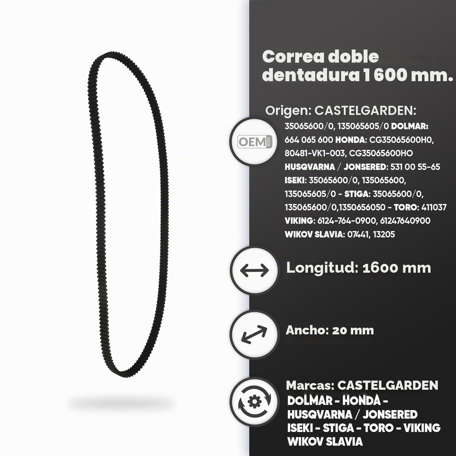 GREENSTAR - Correa doble dentada (1600 mm, 20 mm de ancho, resistente y duradero, sustituye a origen CASTELGARDEN, DOLMAR, HONDA, HUSQVARNA/JONSERED, STIGA, TORO, VIKING, WIKOV SLAVIA