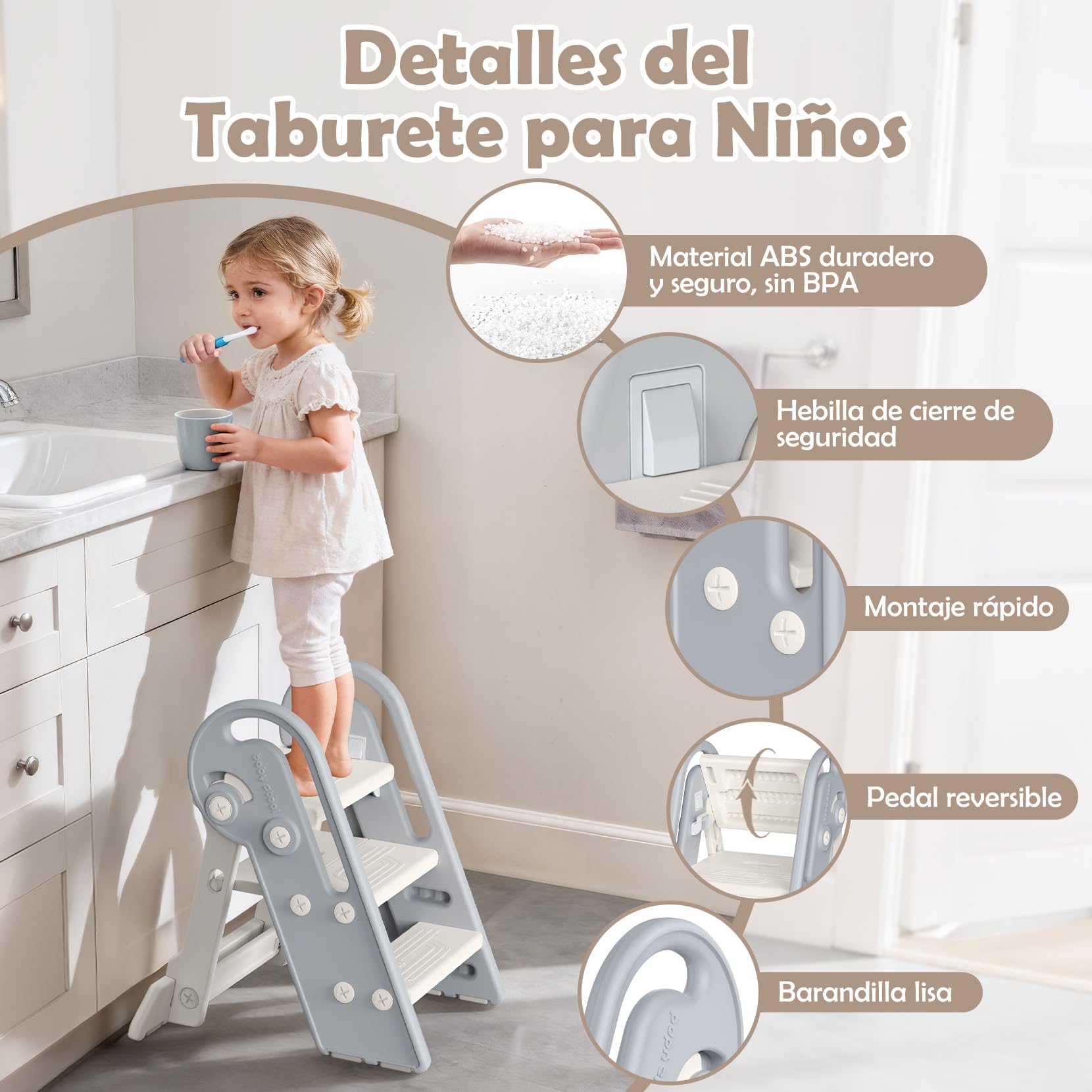 Onasti Taburete Niños Plegable, Escalon Infantil, Escalón Ajustable de 2 a 3 Niveles, Multifunción, Antideslizante, para Baño, Cocina, Inodoro y Lavabo(Gris Blanco)