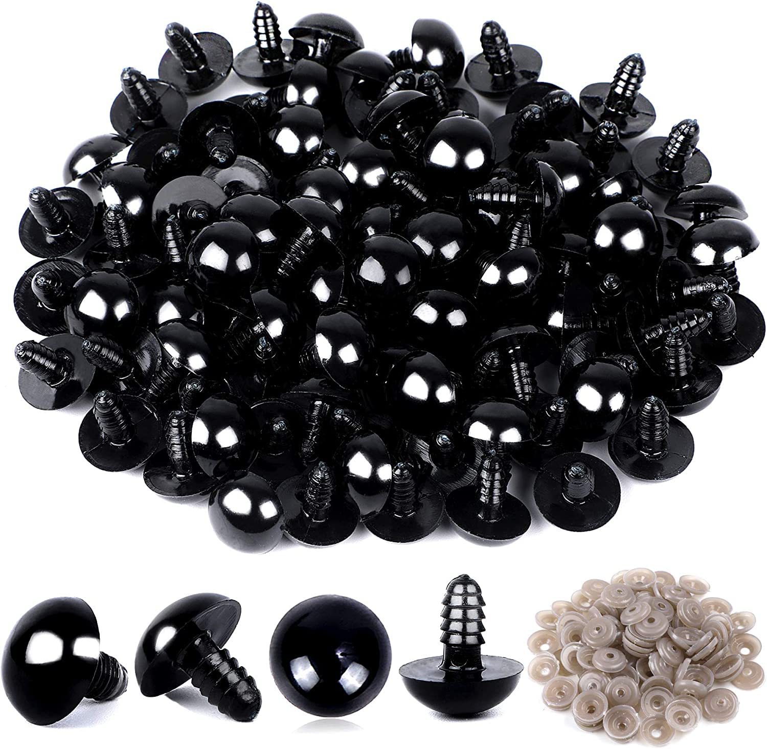 142 Pieces Black Plastic Screw Safety Eyes with Washers Accessories for Dolls Teddy Bear Dog Cat Plush Animal Toys Making 6/8/9/10/12mm