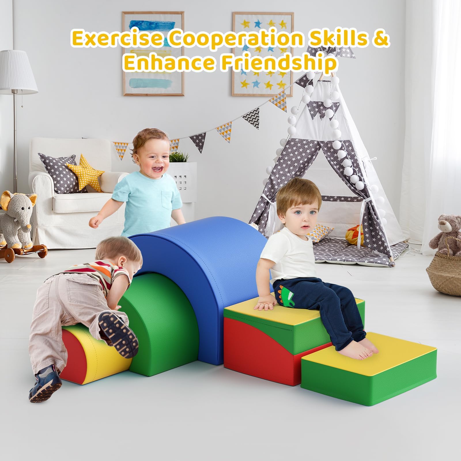 Schaumstoff Bausteine Kinder, Kletterbausteine aus Hochdichteschaumstoff, rutschfeste PU-Hülle, Motorikspielzeug & Montessori Spielzeug für Babys und Kleinkinder (Tunnel – farbig)