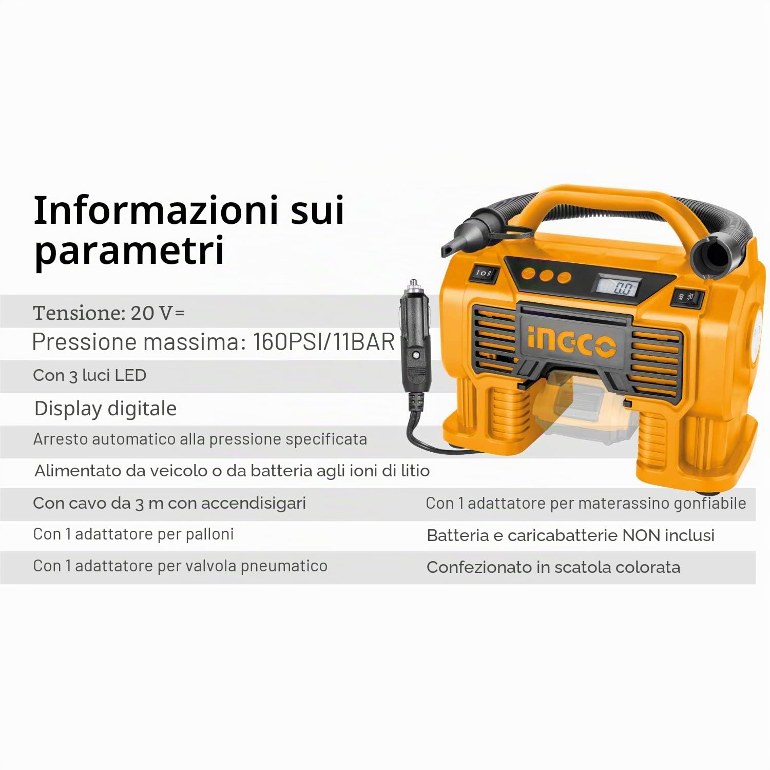 Ingco Compresso Auto a Batteria Litio 20V (Non Inclusa) 11Bar
