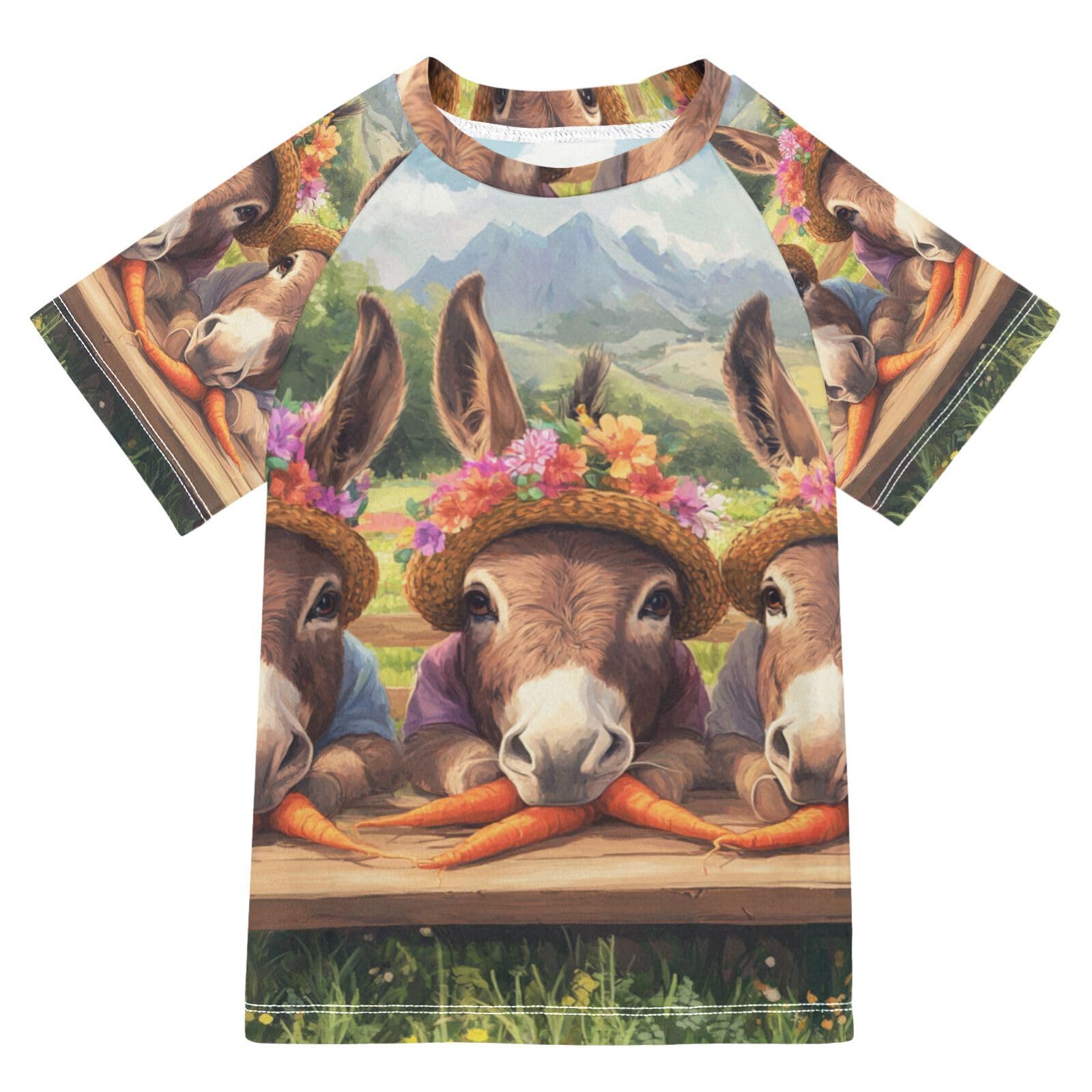 Jucciaco Boys Swimsuit Donkey Carrot Novelty Flower Sunscreen Kids Sun Rashguard Short Sleeve T-Shirts Swimwear Sets UPF 50+