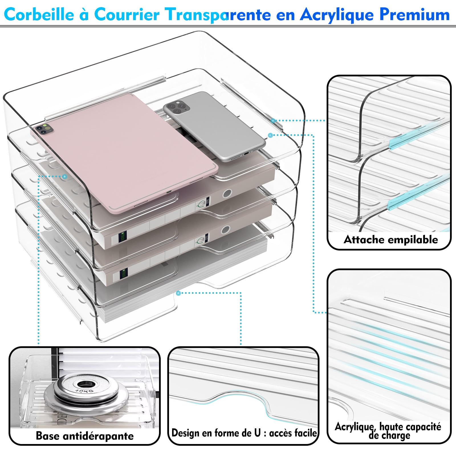 Lot de 4 corbeilles à courrier en Acrylique Transparent de qualité supérieure - Empilables - Compartiments de Rangement - Format A4