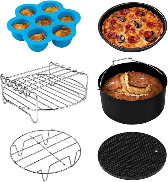 6PCS Air Fryer Accessories Set Cooking and Baking Set with Pizza Pan Cake Pan Double-Layer Rack with Skewers Cooking Rack Egg Bite Mold Silicone Mat Dishwasher for Most Brands Air Fryers (8 Inch)