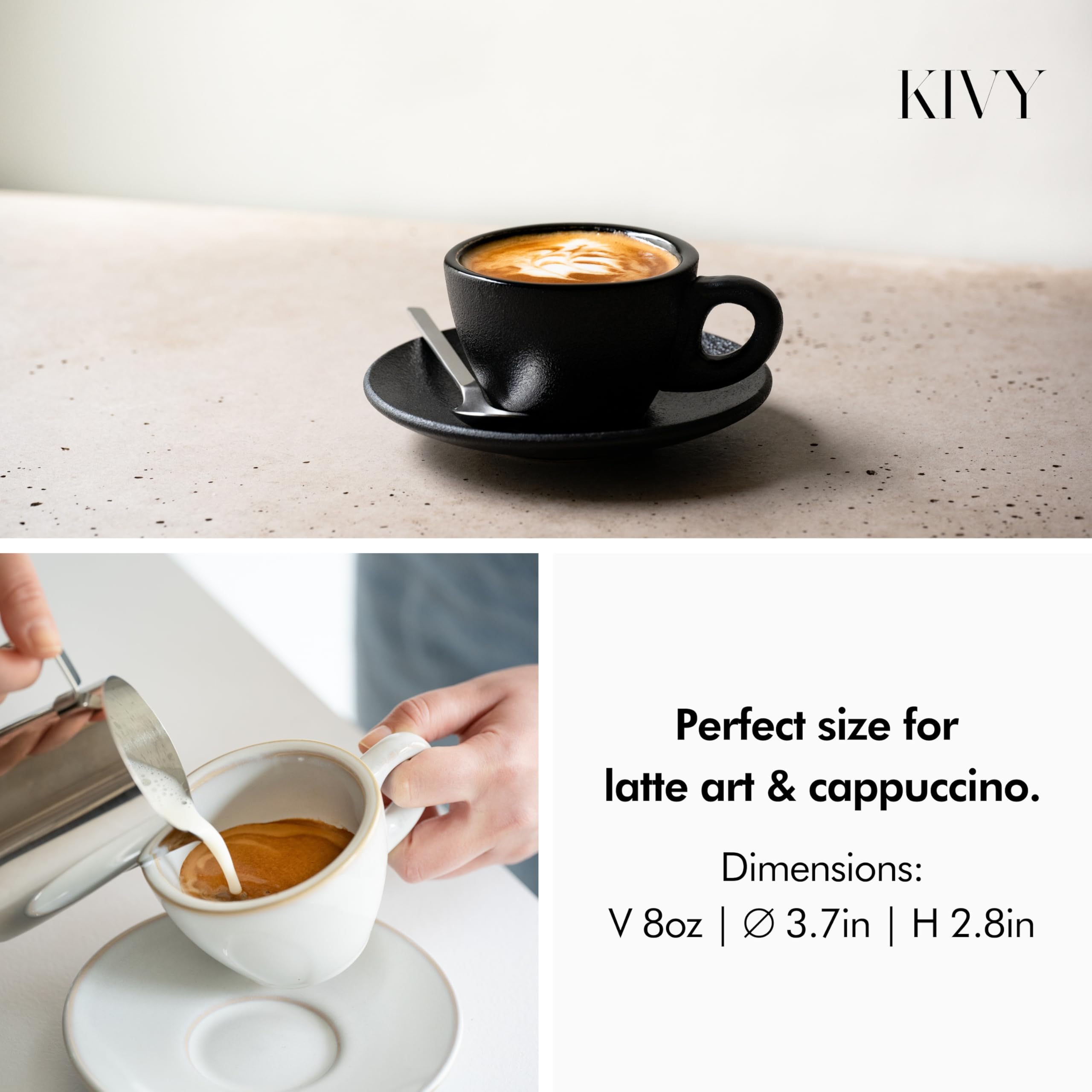 KIVY Cappuccinokopjes, set van 4 x 180 ml, handgemaakt van dikwandig aardewerk, cappuccino-kopjes met schotel, elegante koffiekopjes, groot, blauw