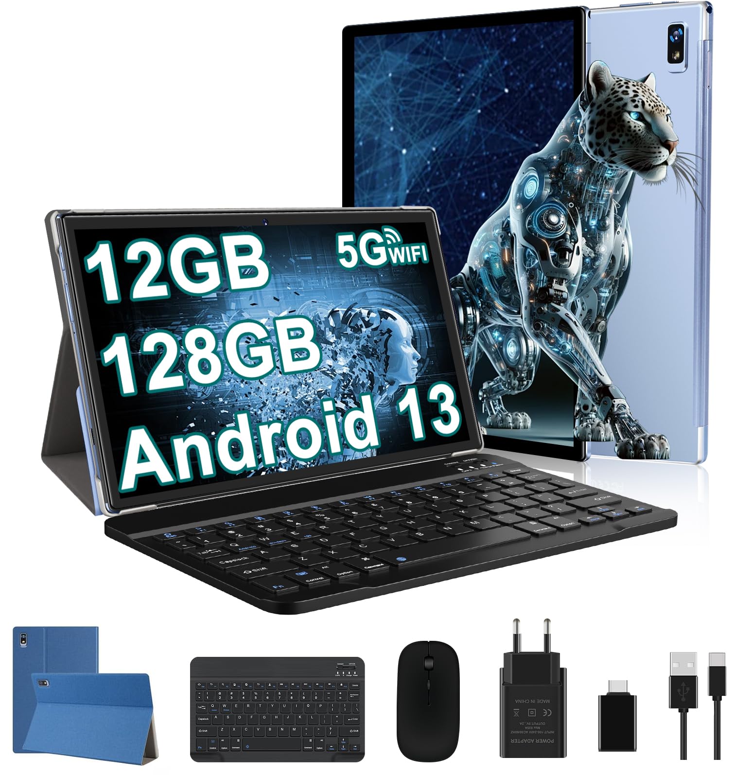 fezawio Tablet 10 Pollici Android 13, Octa Core 2.0GHz ,12GB(6+6) RAM +128GB ROM(TF 512GB), Con 5G WiFi, 5+8MP,8000mAh, Tablet Con Tastiera E Mouse - Blu