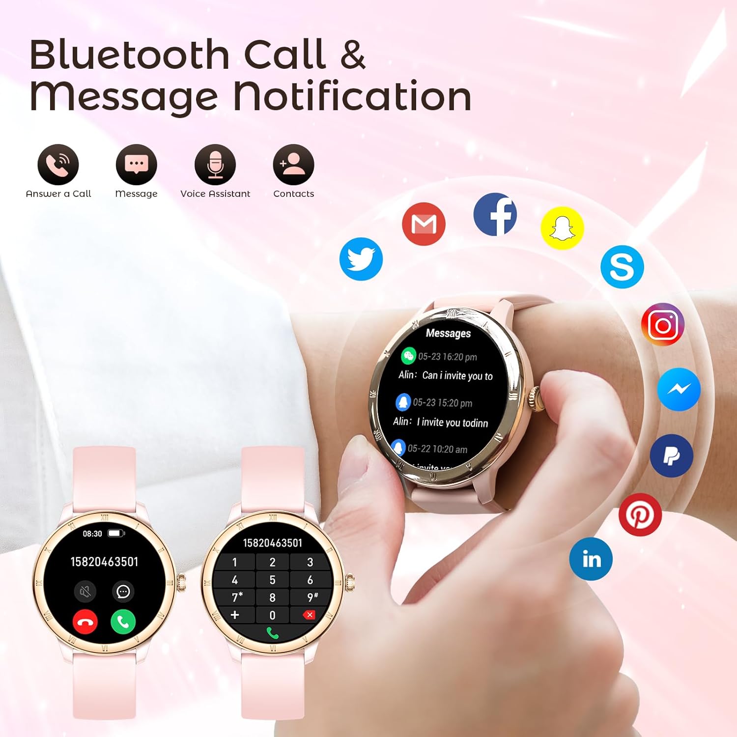 EIGIIS Android Smart Watches for Women 1.27" HD Roman Dial Sports Watches Activity Trackers with Heart Rate Sleep Monitor Smartwatch for iPhone Fitness Tracker Reloj Inteligente para Mujer Pink image 7 of 17 B0FDW9V4TM