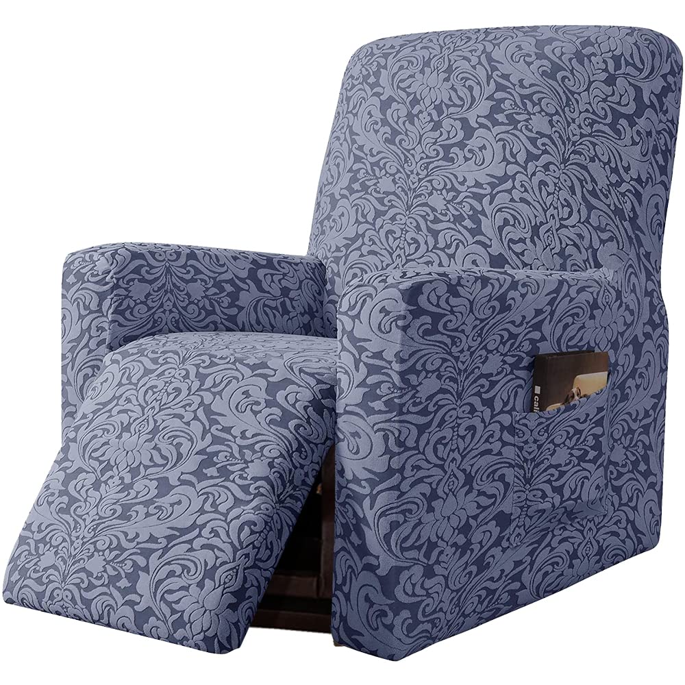 YOPOIY 4-Pieces Stretch Recliner Chair Cover, Jacquard Recliner Slipcover Furniture Protector with Elastic Bottom Chair Slipcover with Side Pocket -grey