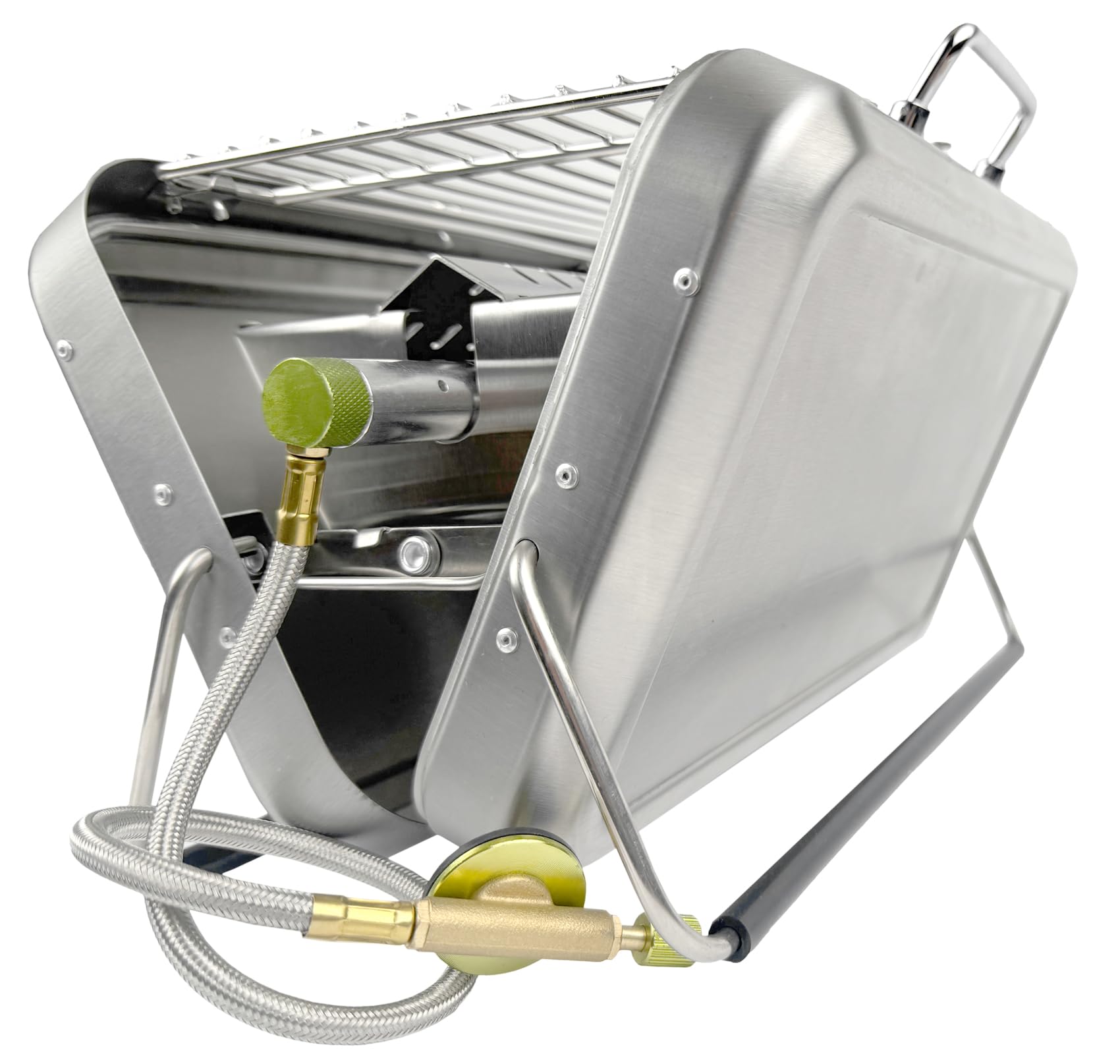 GARDINGER BBQ 42 mobiler Koffergrill aus Edelstahl für Gaskartuschen Holzkohle | Klappbarer Camping-Grill für Picknick Outdoor mit Grillzange | 31x20x7 cm
