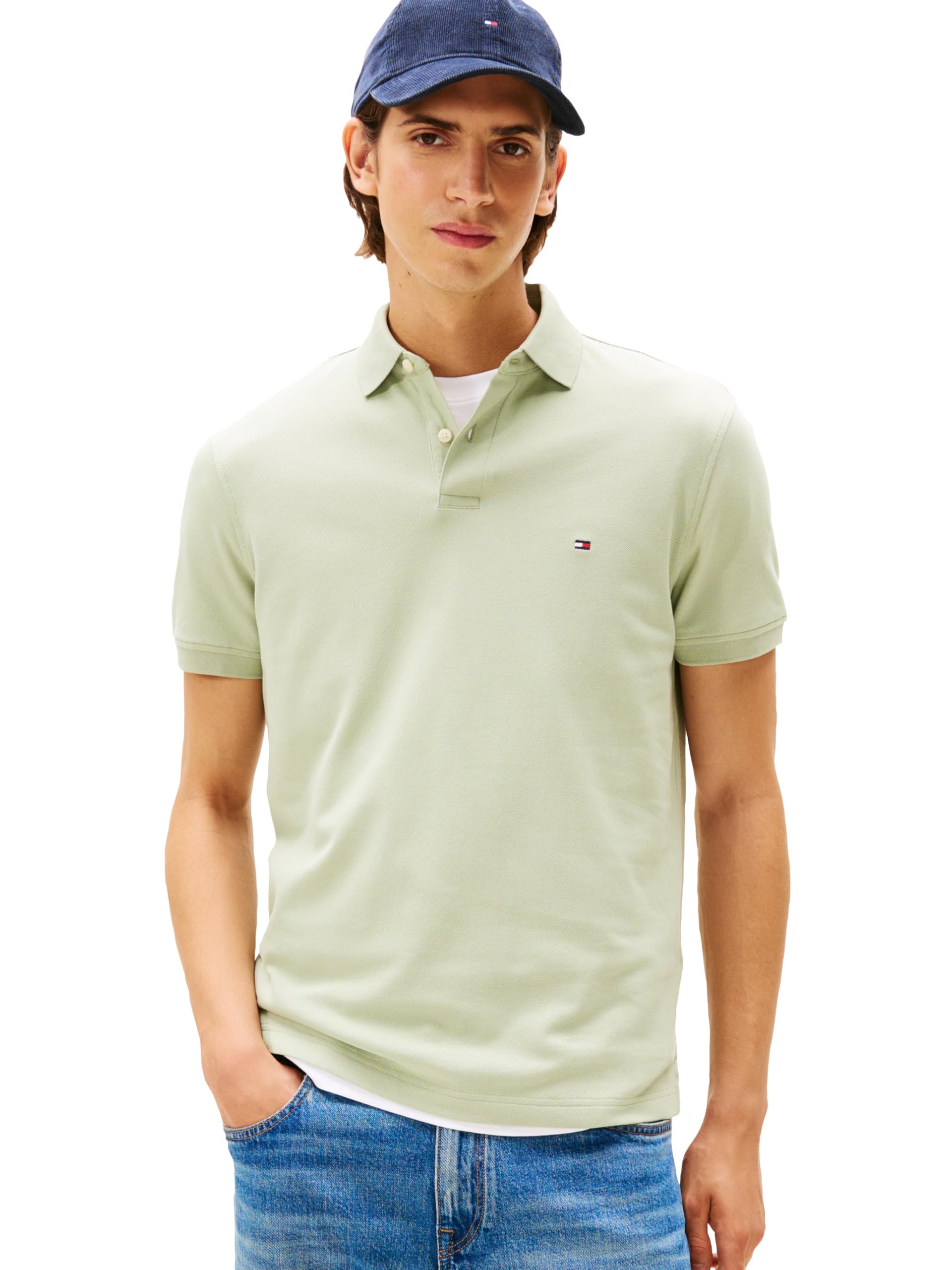 Tommy Hilfiger Men's Earth Sage Short Sleeve Polo Shirts In Regular Fit With Stretch And Organic Pique Cotton, Large