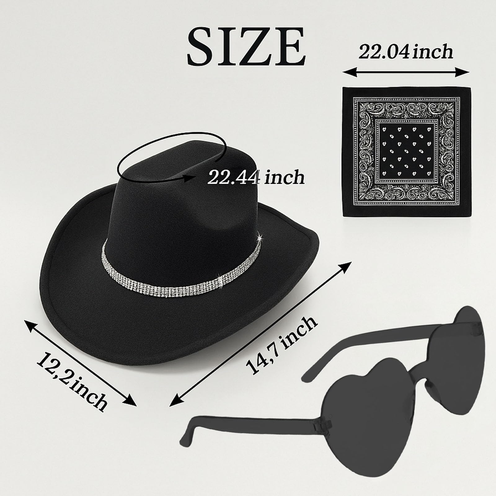 Amazleer Western Black Cowboy Hats for Women Men 3 Pcs Set Fedora Wide Brim Rhinestone Cowgirl Hat with Bandana and Evil Eye Bull Head for Fancy Dress Festivals (Black) - Image 2