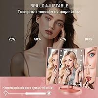 Vista 4 de Espejo de tocador iluminado plegable en tríptico con aumento 3x/2x, 21 luces LED y pantalla táctil, espejo cosmético de encimera con rotación libre