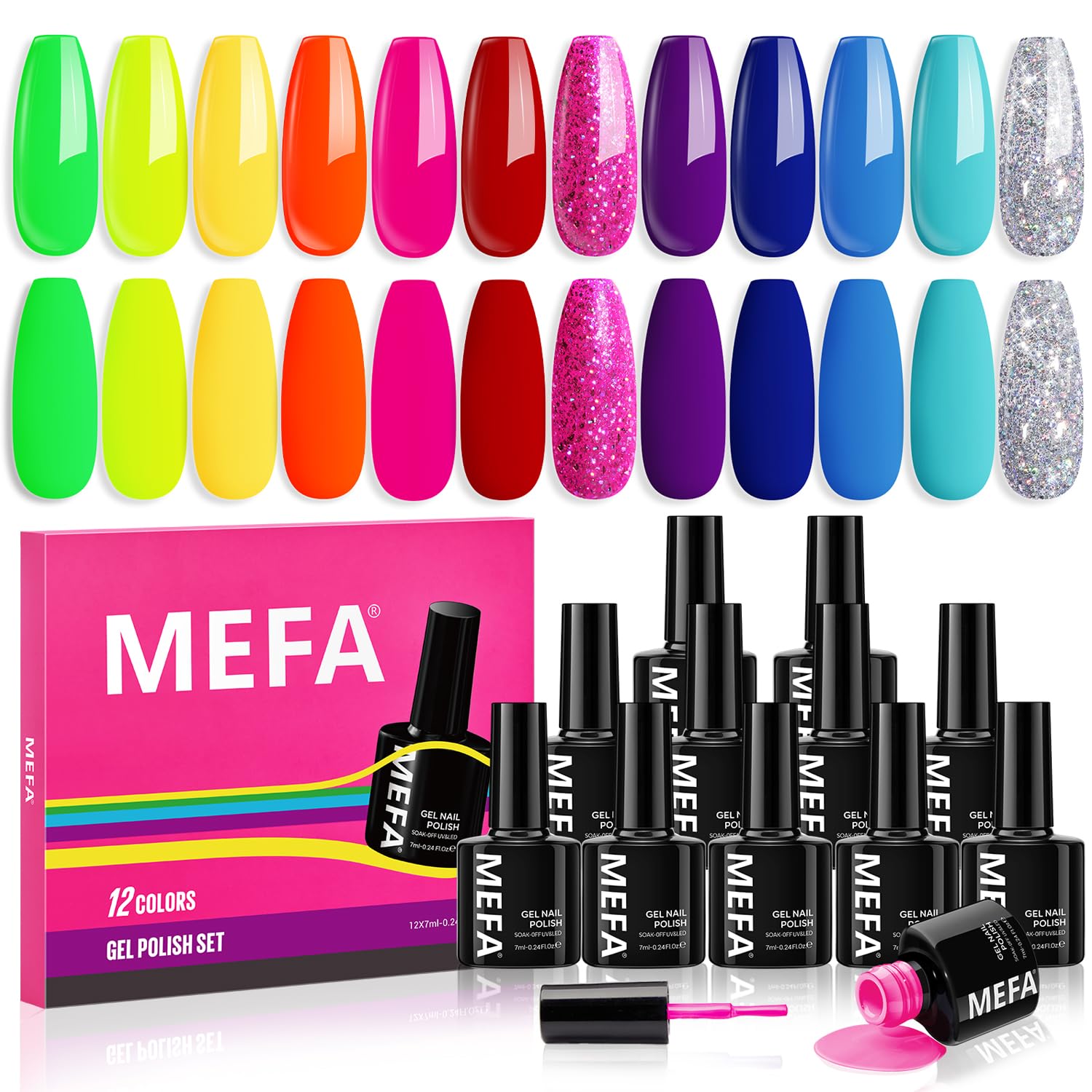 MEFANeon Gel Nail Polish Set, 12 Colors Nail Polish Set Green Glitter Pink Yellow Blue Purple Red Soak Off Gel Nail Gifts for Women Girl DIY Salon Home Manicure