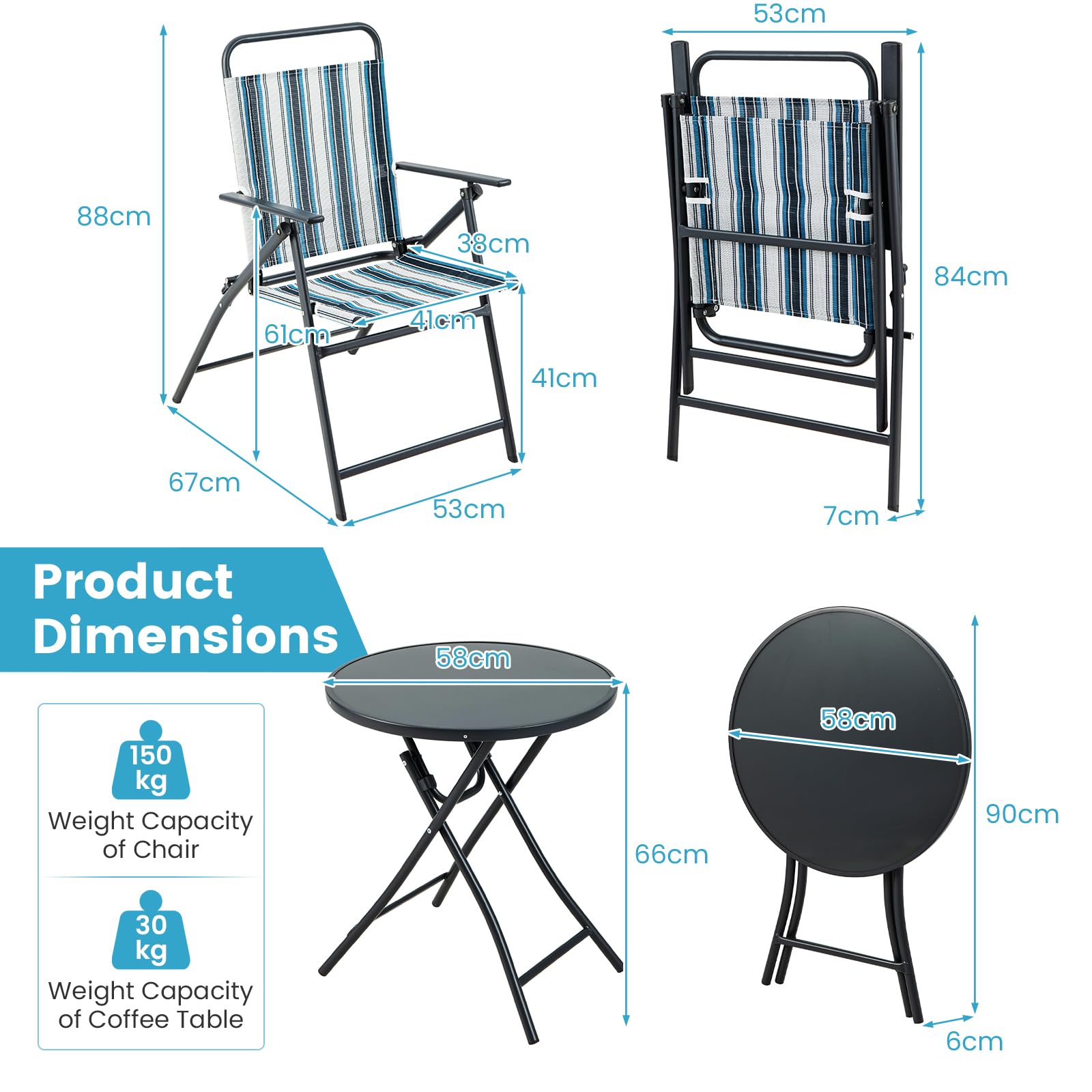 KOMFOTTEU Ensemble de Bistro, 2 Fauteuils en Teslin & Table en Verre Pliables, Ensemble de Jardin pour 2 Personnes, Meuble d'Extérieur 3 pièces, pour Balcon, Terrasse, Piscine