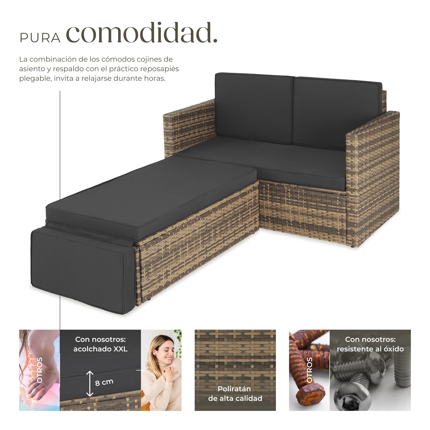 TecTake® Sofá de Ratán con Taburete Reposapiés, Conjunto Jardín Sillón 2 Plazas, Mueble Jardín Exterior con Cojines Gruesos, Conjunto Terraza Resistente a la Intemperie y Estructura en Acero - Natural