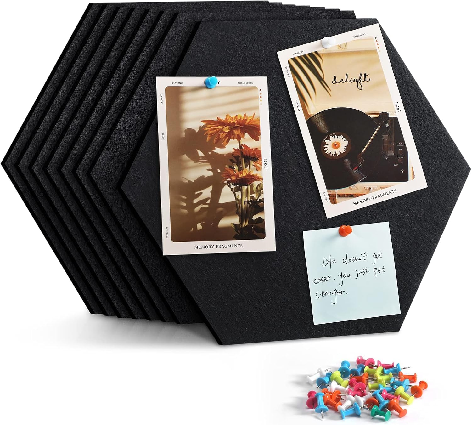 BOSSNUOK Hexagon Felt Bulletin Board, Self-Adhesive Wall Boards with 35 Push Pins, Decorative Felt Message Boards for Notes, Photos, Office & Home Decor, 8Pcs 200×174×6mm (Black)
