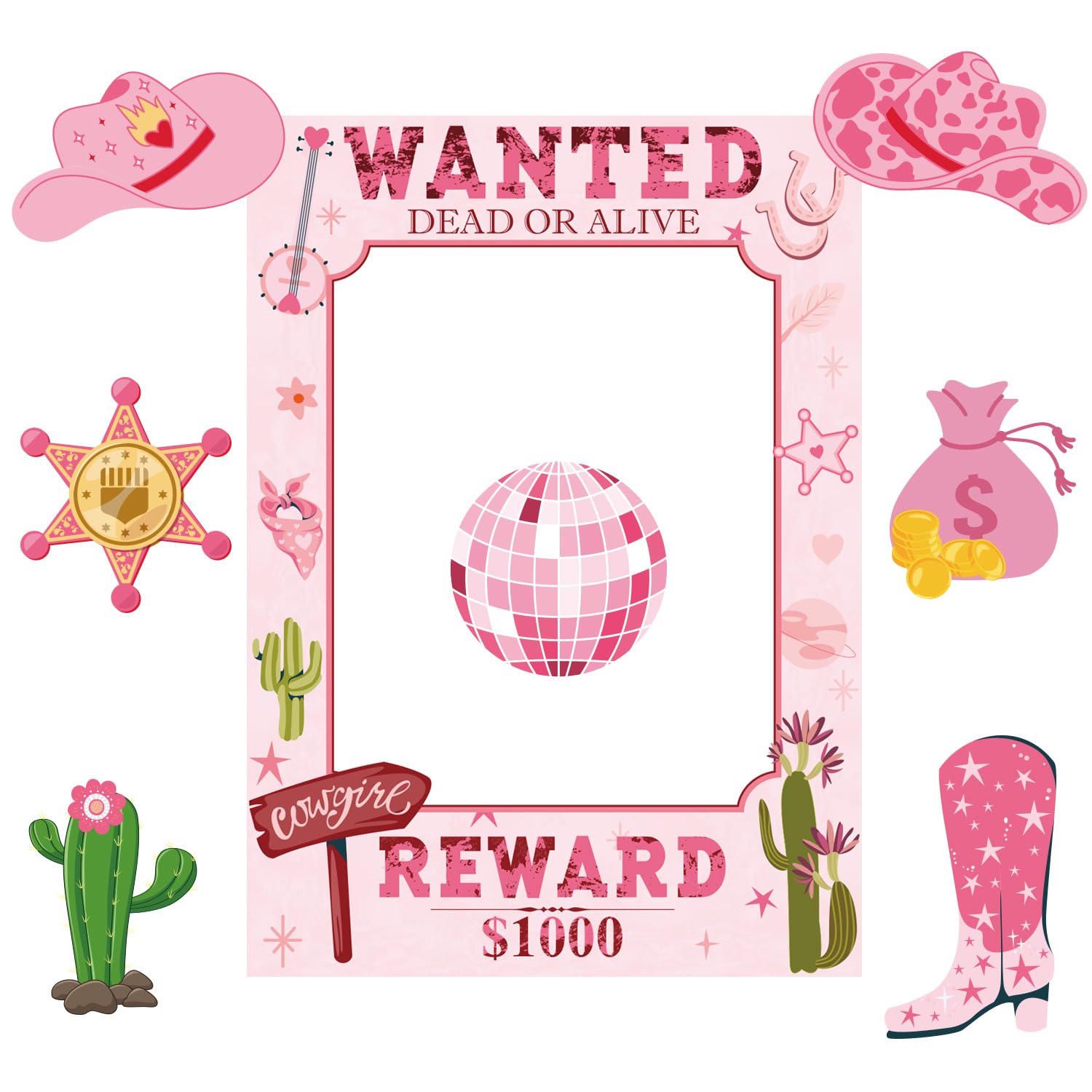 SKIRUP Wanted Poster Photo Prop Western Photo Booth Prop Selfie Frame Poster Banner Backdrop Wanted Sign for Cowgirl Last Disco Decoration Rustic Birthday Let's Go Girls Party Supplies