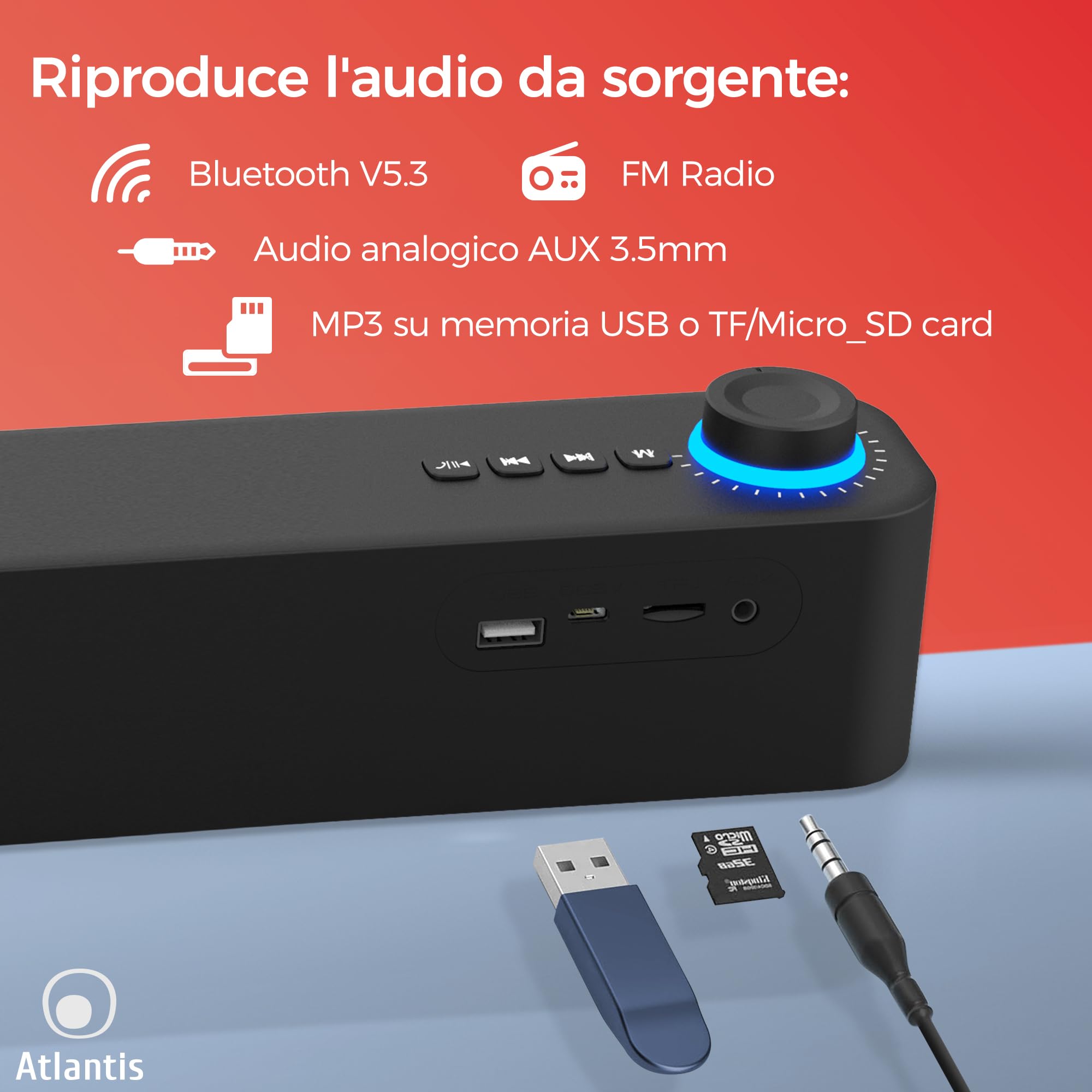 ATLANTIS Soundbar PC 20 W, głośnik PC, Jack 3.5 mm + Bluetooth 5.3 do smartfona, FireTV, gramofonu, odtwarzacza Batt. 2400 mhA, radia FM, głośnika PC, laptopa, telewizora, smartfona Dim 420 x 60 x 74