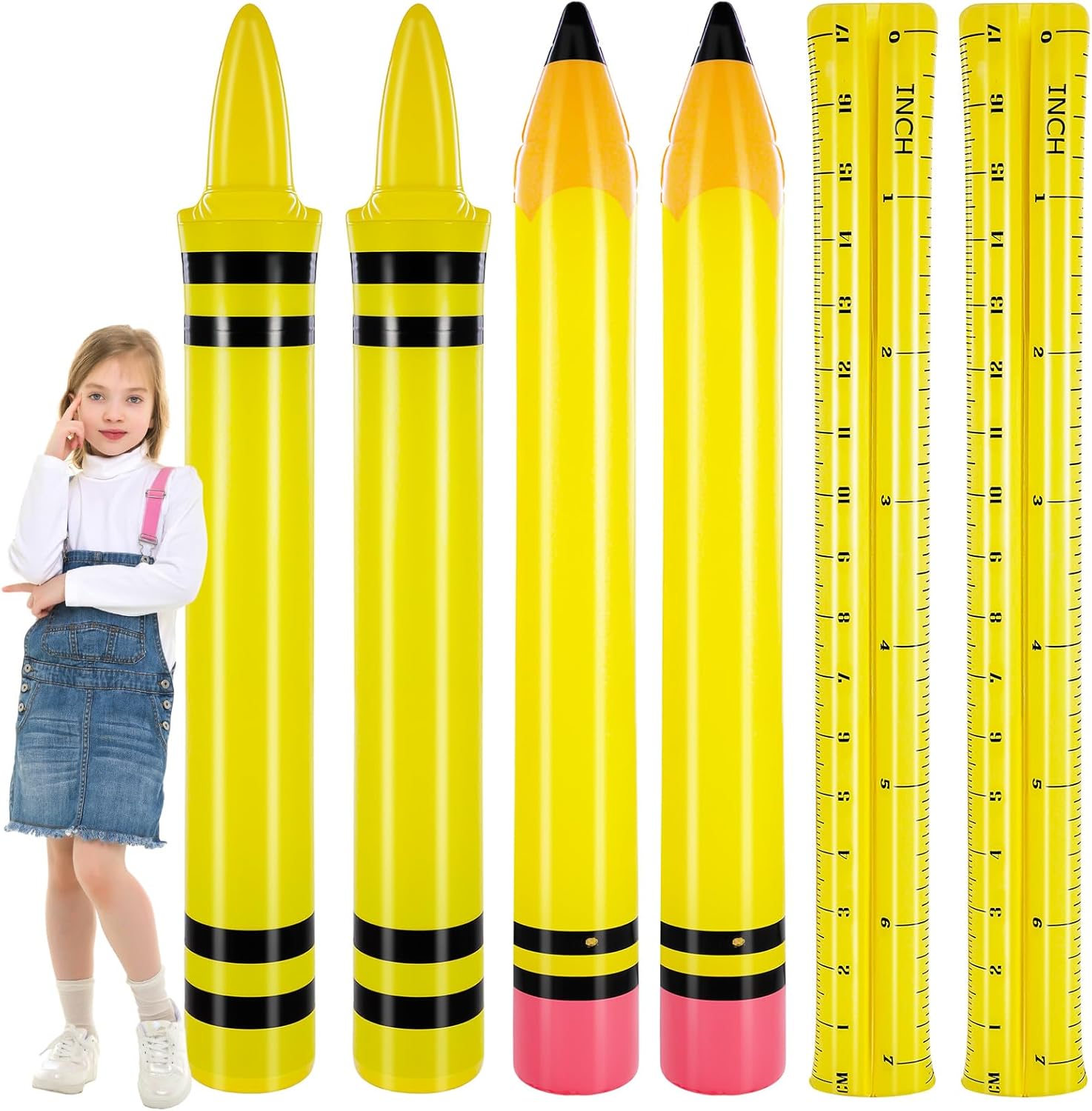 6 Pcs 74 Inch Back to School Inflatables Pencil Pool Noodles Float Jumbo Blow up Crayons Ruler Classroom Decoration for Back to School Party Indoor Outdoor Decorations Classroom