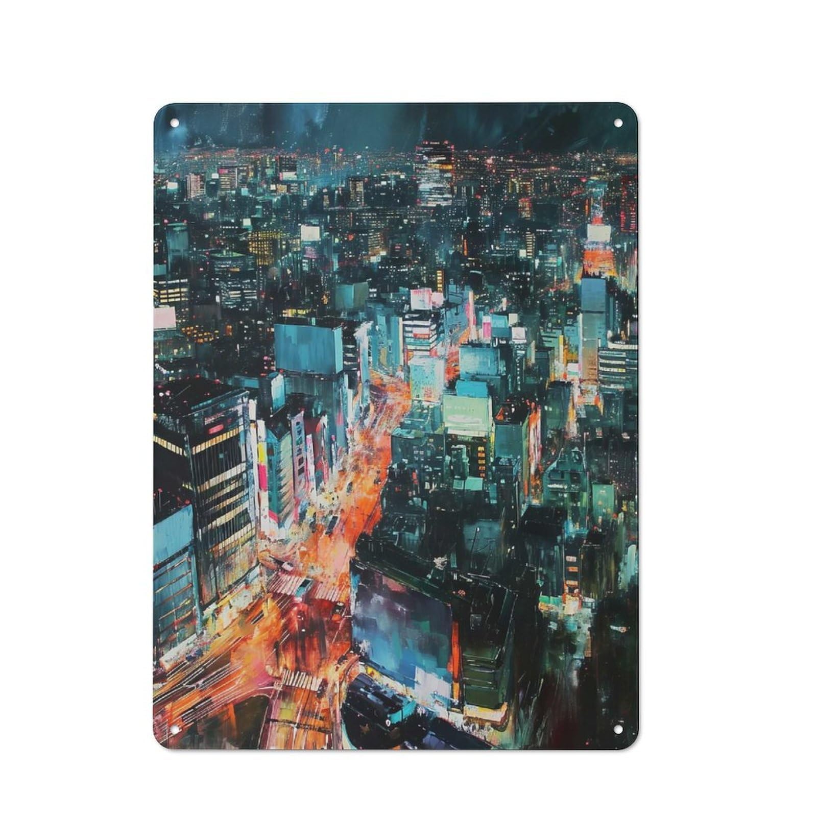 Junmoney Night Cityscape Painting Metal Sign 40X30cm With For Pub Or Café, Vintage Decor, For Metal Sign Collectors, For Garage And Workshop Walls