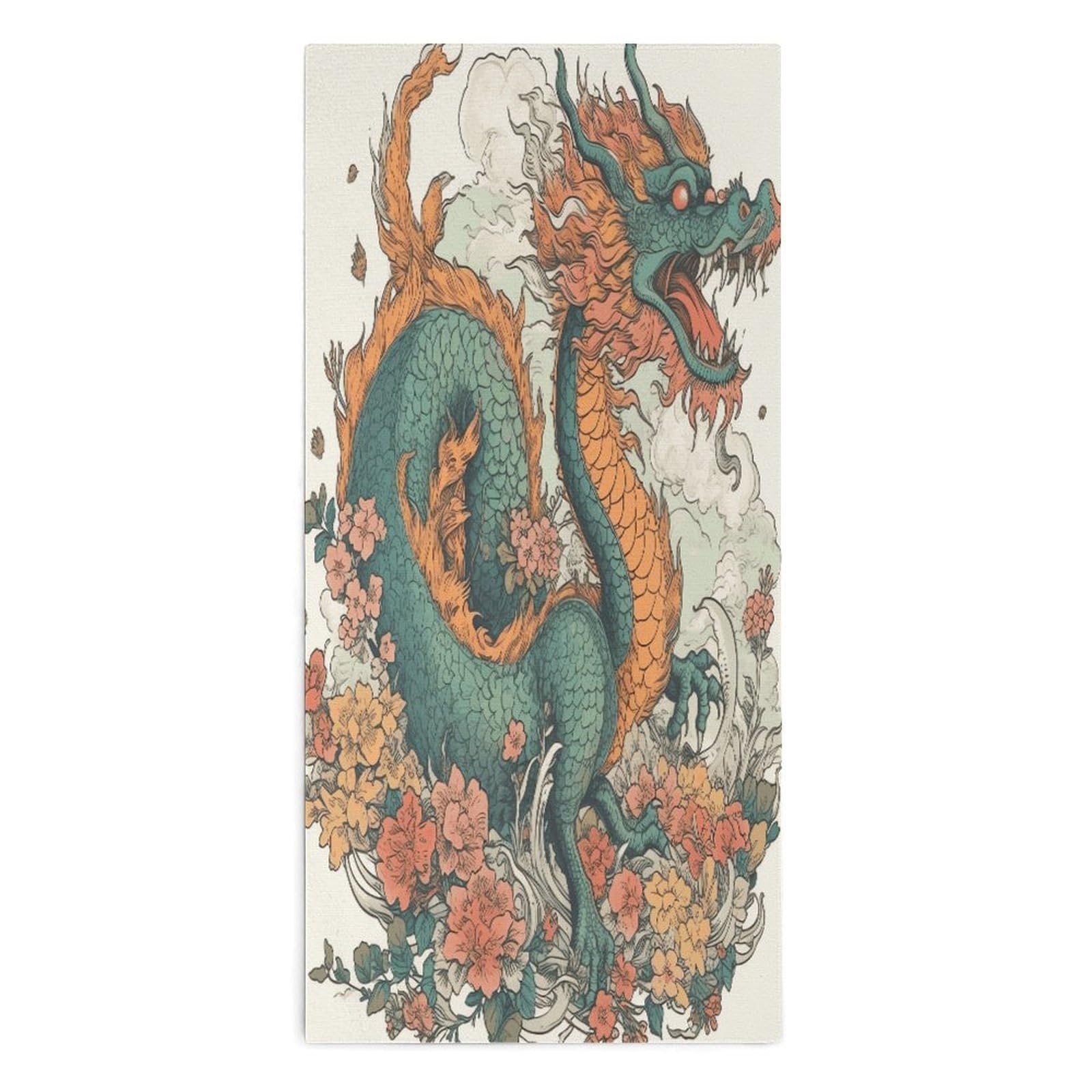 Fodpand Style Flowers And Dragons Microfiber Towels, Decorative Bath Towel Soft & Lightweight, Hand Towels Multipurpose Use For Bathroom, Pool, Gym, Spa, And Hotel Use