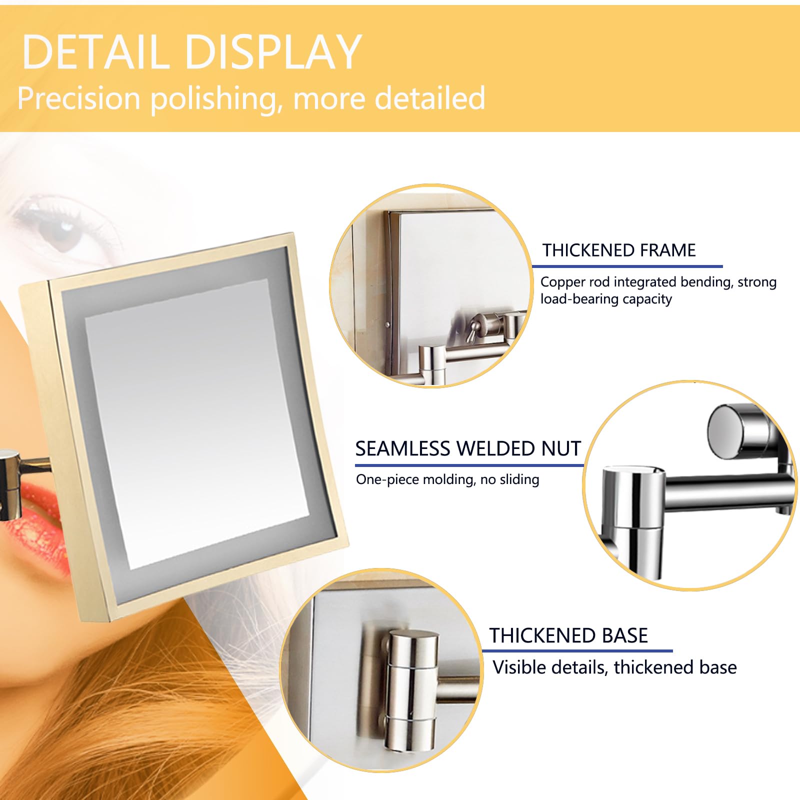 Miroir de maquillage double face grossissant x1/10 avec variateur d' intensité en continu, miroir cosmétique HD à fixation murale, miroir de rasage réglable pour salle de bain, doré brossé, touche de Miroir de maquillage double face grossissant x1/10 avec variateur d' intensité en continu, miroir cosmétique HD à fixation murale, miroir de rasage réglable pour salle de bain, doré brossé, touche de