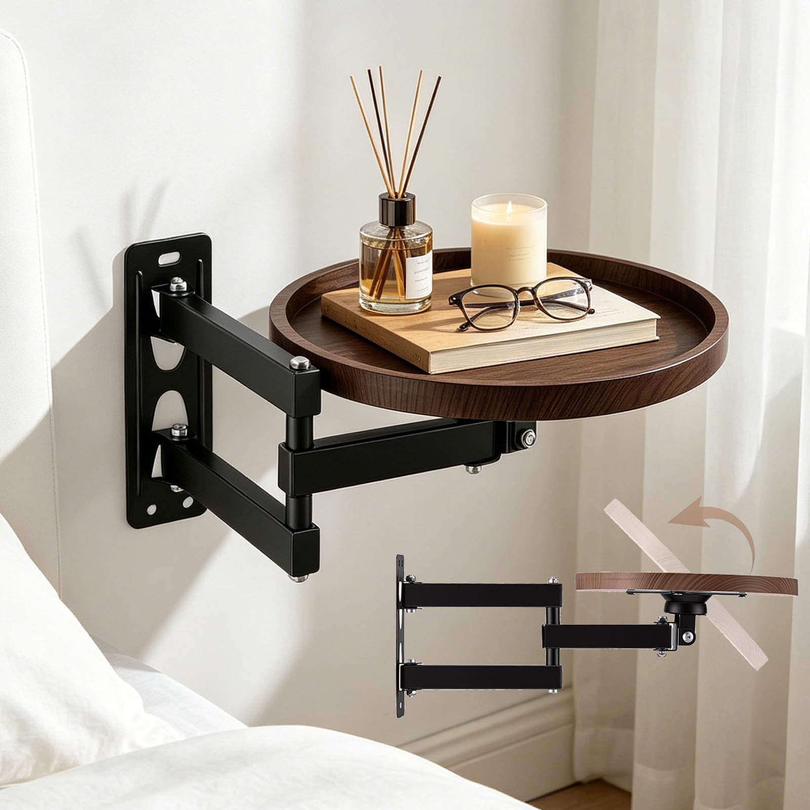 Table Murale Pliante, Petite Table Murale Rabattable Bureau Rond De 30 Cm Pivotant à 180 ° De DiamèTre Pliable Extensible De Chevet Suspendue Gain De Place pour Chambre, Salon, Balcon (A)
