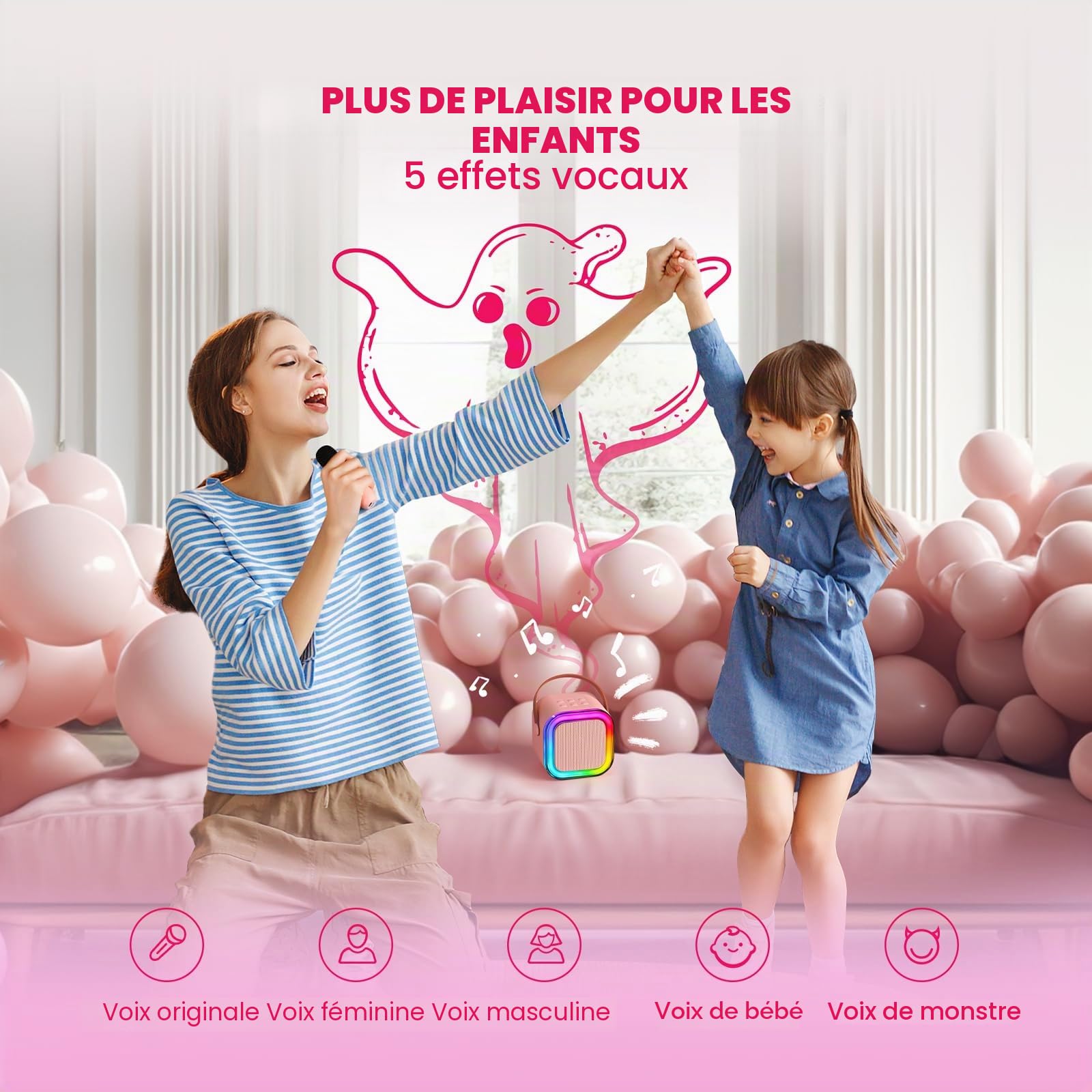 Micro Karaoke Enfant IROO Karaoke Enfant avec 2 Microphones, Microphone pour Filles Cadeaux pour Enfants Enceinte Bluetooth Portable avec Effets de Changeur de Voix et Lumières LED (Rose)