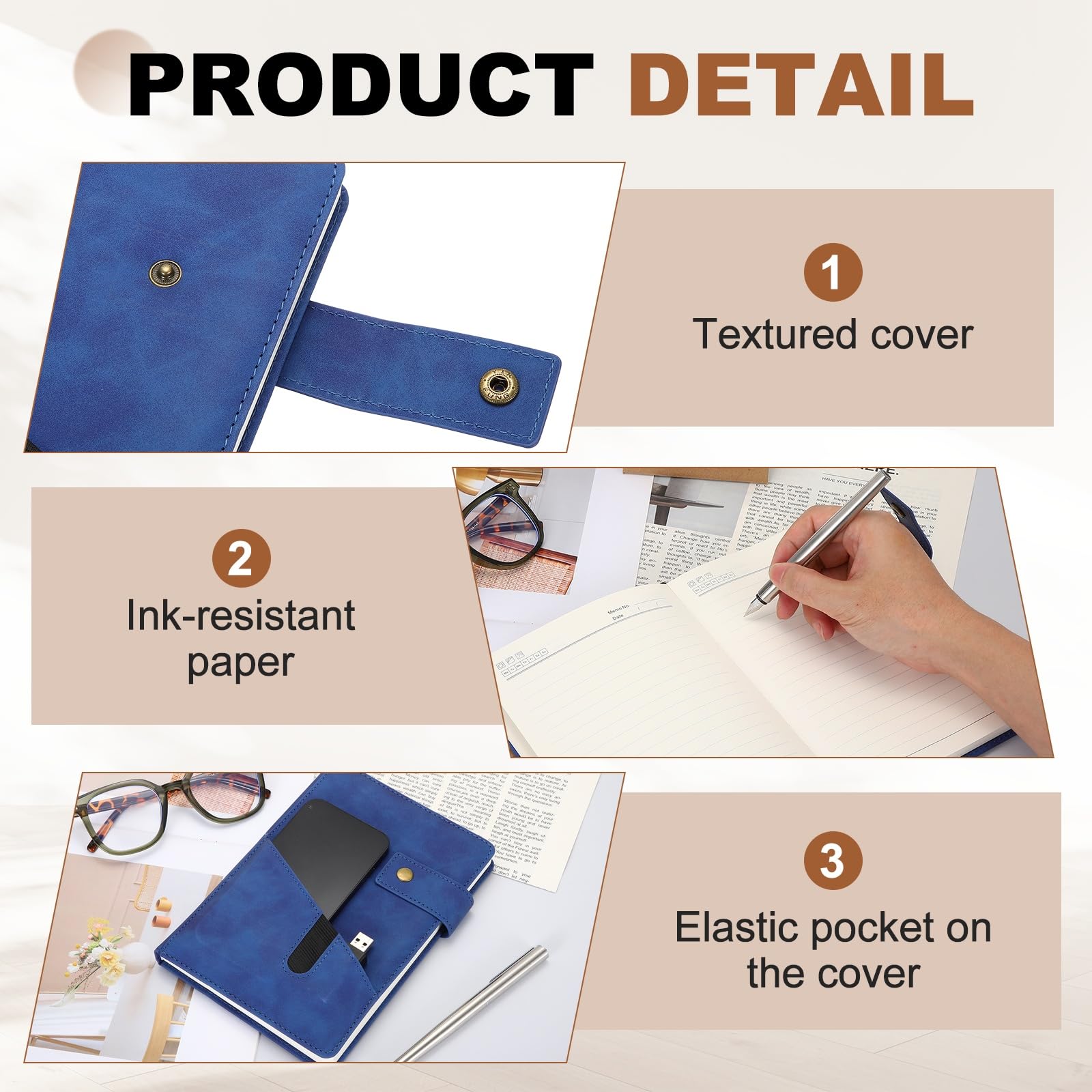 PATIKIL Diario A5 a righe in pelle, 100 g/m², 200 pagine, 15 cm x 21,6 cm, diario giornaliero con copertina rigida e penna, per riunioni, interviste, lavoro, blu scuro