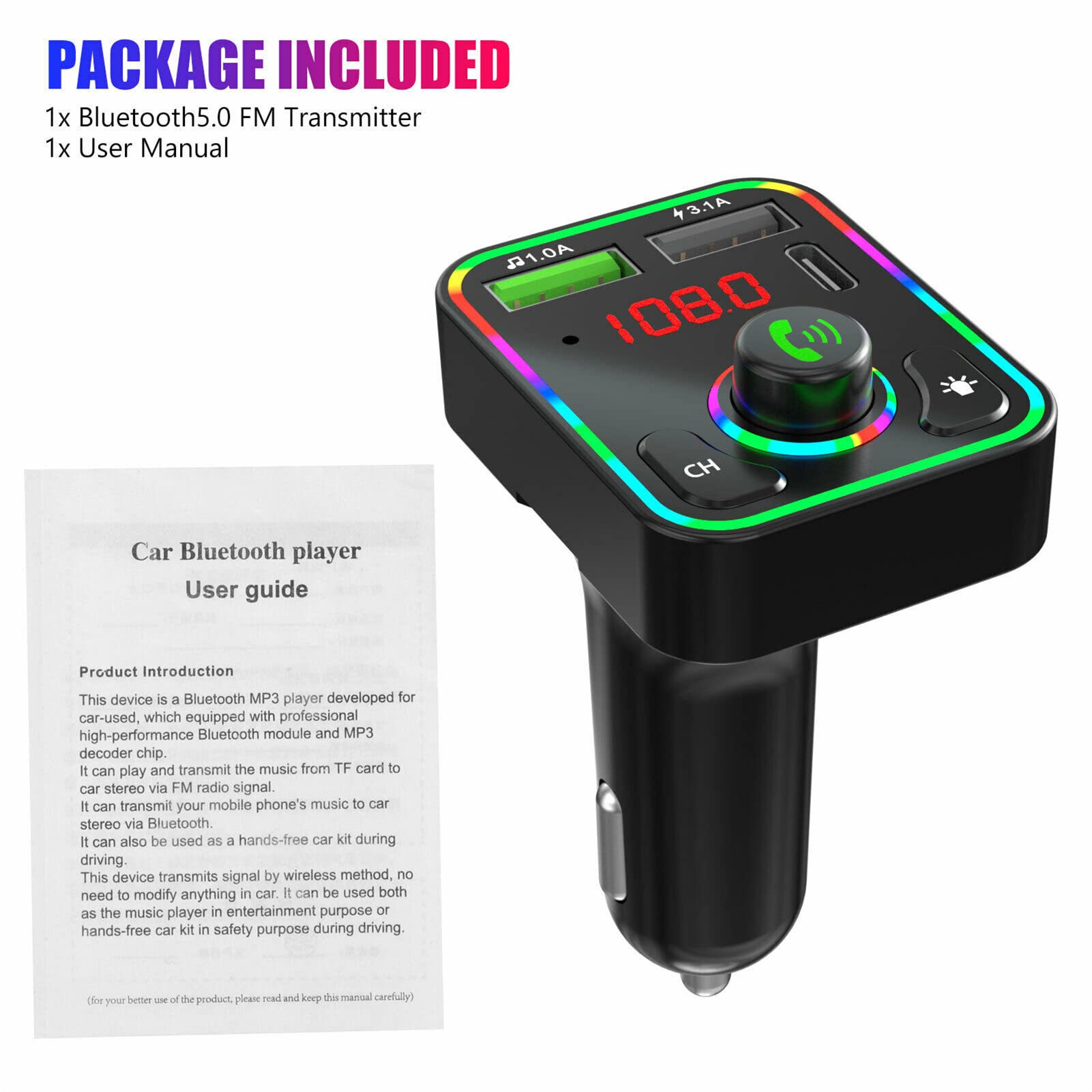 Auto-Audio Bluetooth Controller, odtwarzanie MP3 na telefonie, bezprzewodowy transmiter Fm, moduł kontrolera Bluetooth 5.0, adapter USB + zestaw głośnomówiący + oświetlenie otoczenia LED