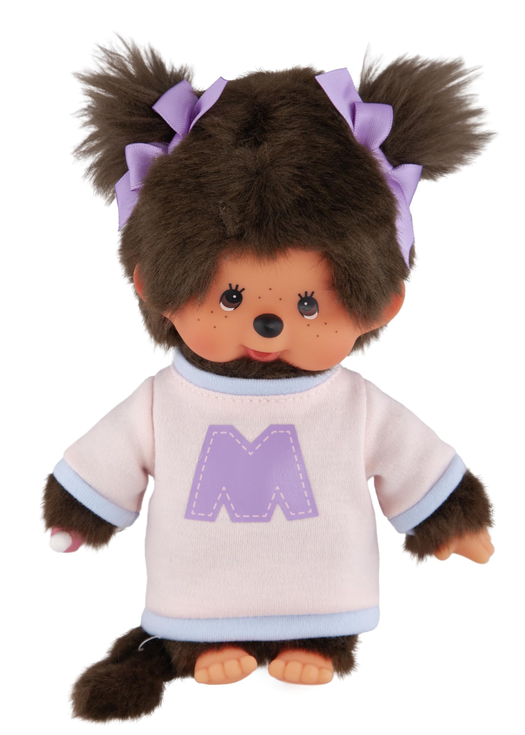 Monchhichi Bi-Colour Sweater Girl Plush Toy – Pink & Blue Outfit with “M” Detail and Ribbon Hair – Cute Thumb-Sucking Doll