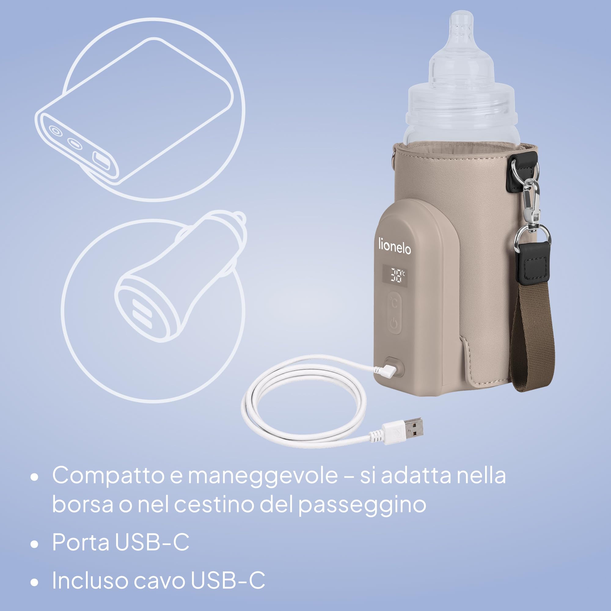 LIONELO Thermup Go Evo Scaldalatte Portatile per biberon per Neonati, Mantiene Liquidi caldi, 5 Temperature operative da 38 a 50°C Ricarica USB-C, Fino a 9 Ore di Funzionamento