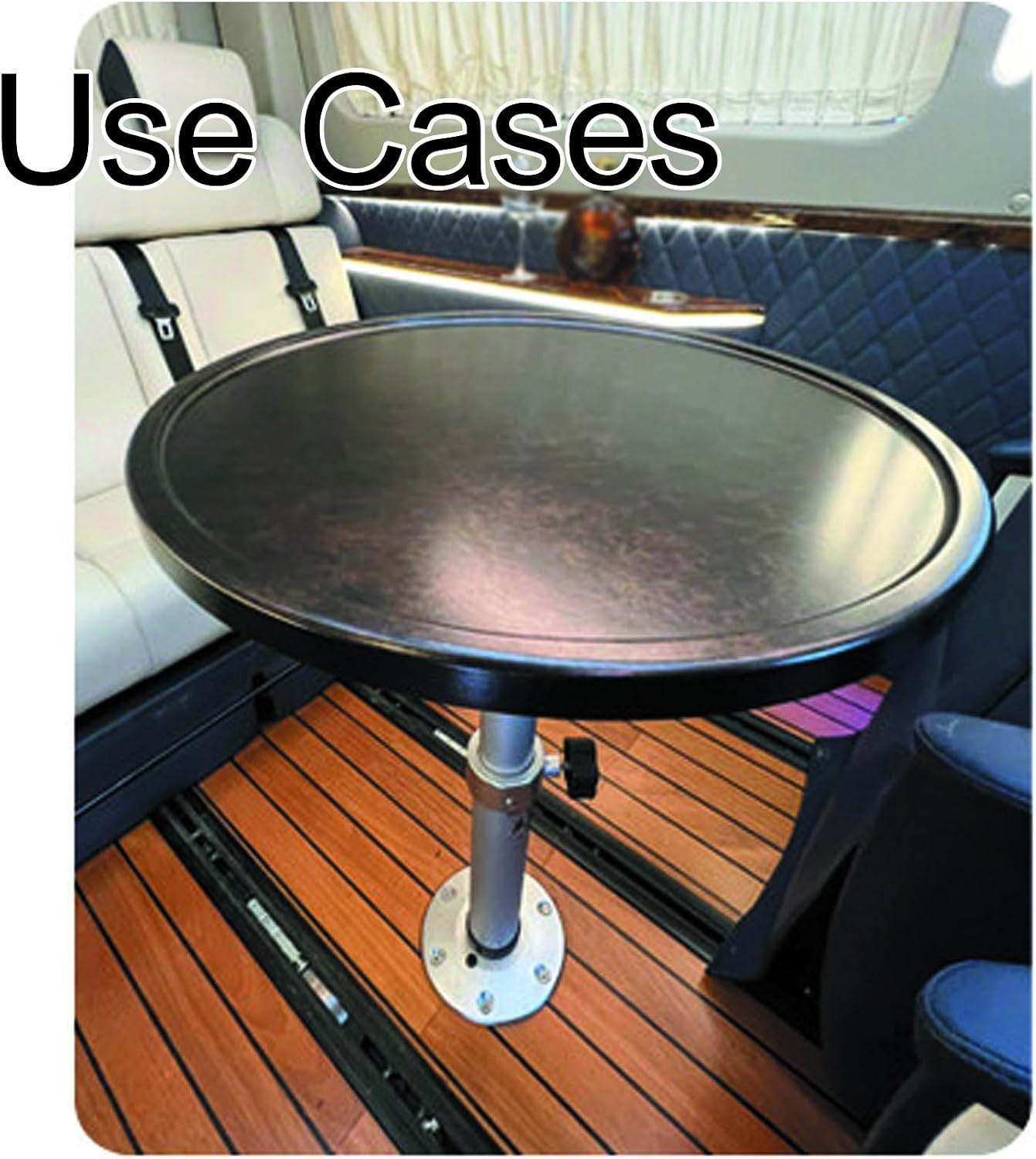 Rv Dinette Table, 19in Solid Wood Round Tabletop 21-30in Adjustable Height, for Patio, Yacht, Caravan Imitation Marble Finish