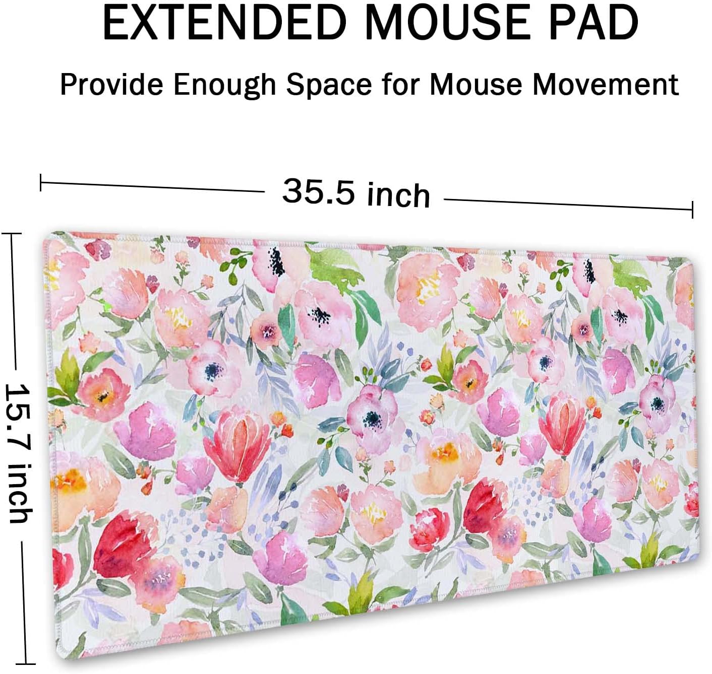 SSOIU Extended Gaming Mouse Pad (35.5x15.7 in), Large Stable Rubber Base Mousepad with Stitched Edges, Keyboard Mouse Mat Desk Pad for Work, Game, Office, Home - Watercolor Floral Botanical Pattern image 2