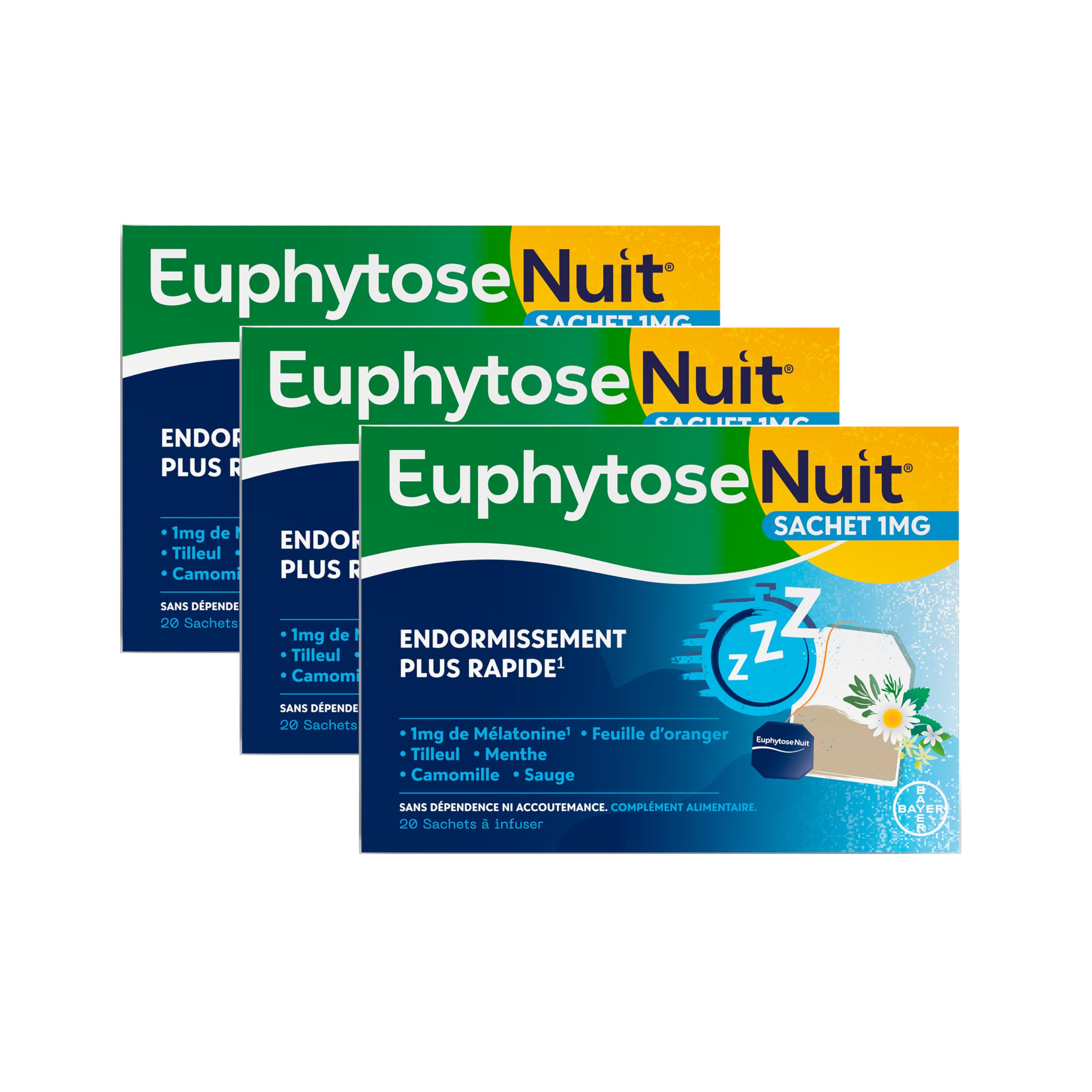 EuphytoseNuit Sachet - Complément alimentaire sommeil adulte - Mélatonine 1mg Endormissement rapide - Feuille d'Oranger - 3 Packs de 20 Sachets à infuser - 20 nuits de sommeil - Fabriqué en Europe