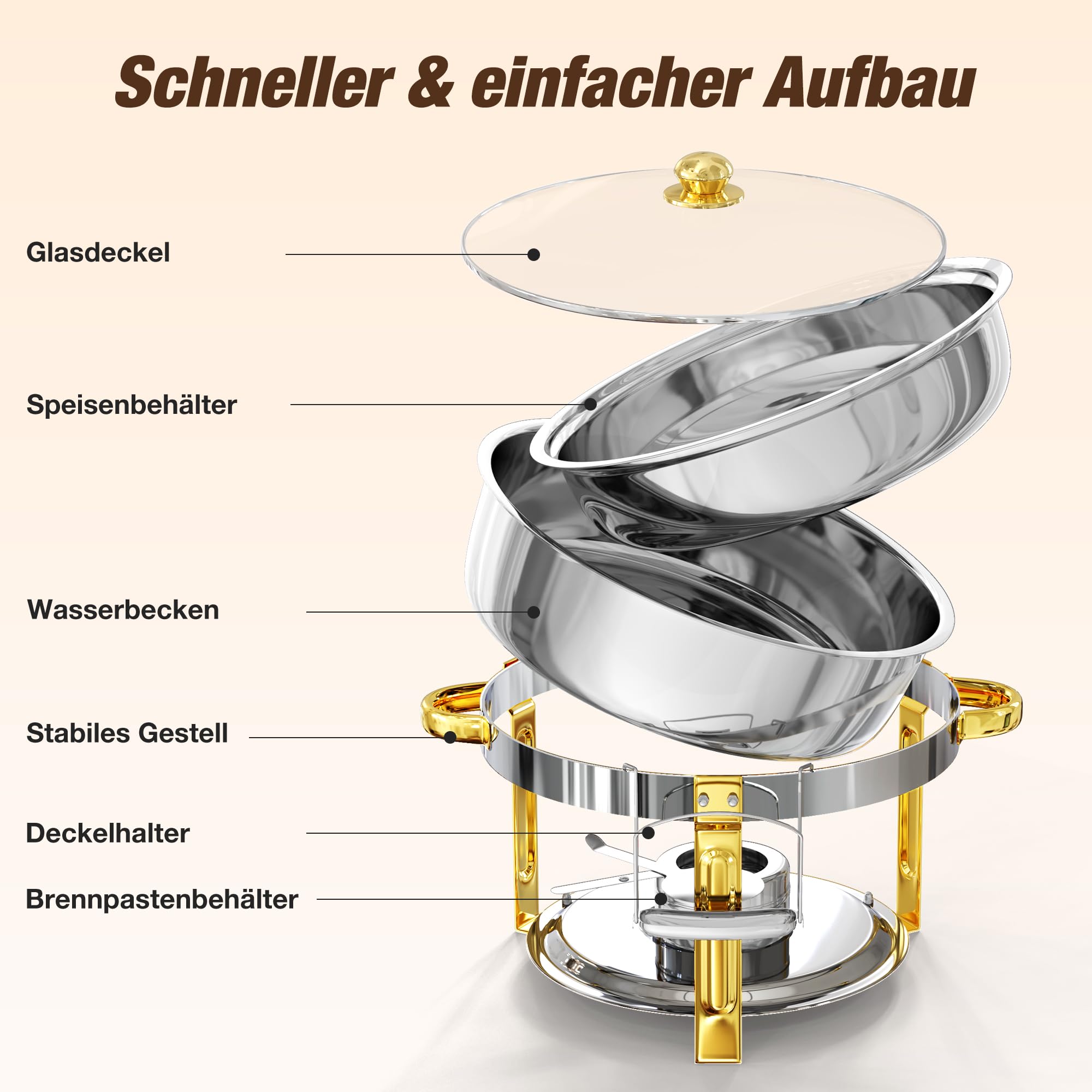 WARMOUNTS 6L Chafing Dish 4er Set Silber & Gold, Runder Speisenwärmer Edelstahl mit Glasdeckel, Stapelbarer Warmhaltebehälter Buffet Rechaud mit Deckelhalter für Gastronomie, Party, Hochzeit