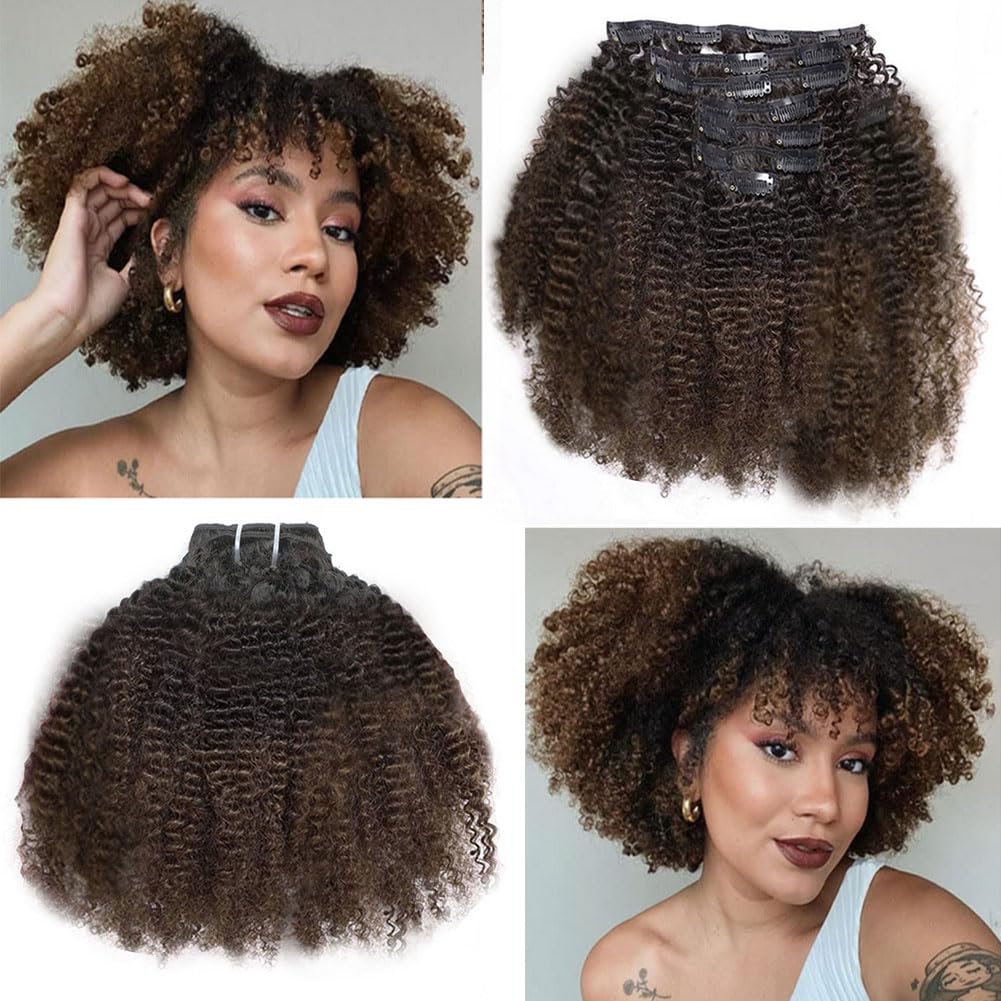 Afro Kinky Curly Clip Ins Human Hair Extensions 16 Inch Ombre Brown Two Tone T1B/4