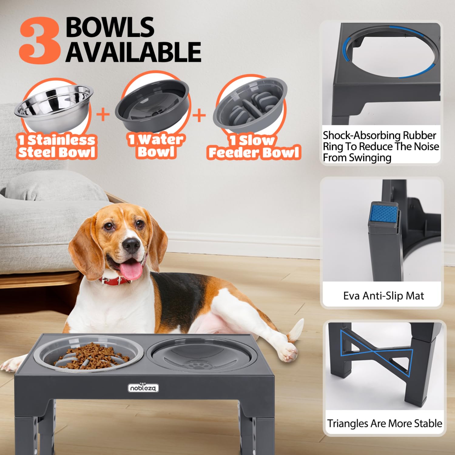 Nobleza Comedero Perro Elevado 5 Alturas Ajustables (7,5-31 cm), Incluye Cuenco Acero Inoxidable 1100ml, Comedero Perro Antivoracidad y Bebedero Antisalpicaduras 800ml, Antideslizante, Gris