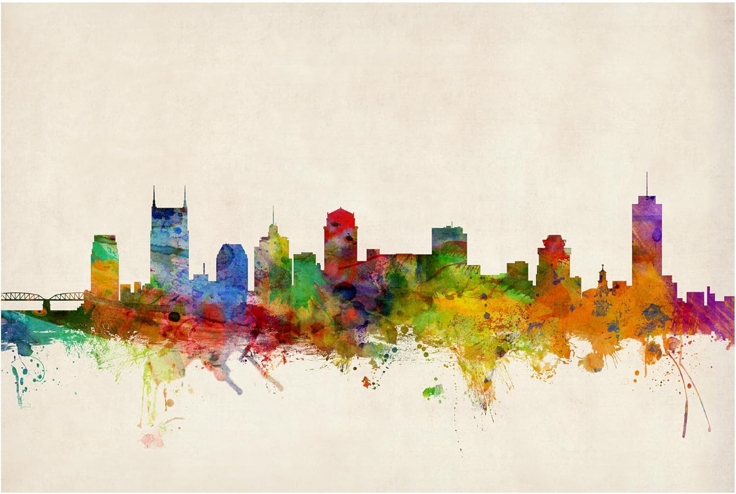 Nashville Watercolor Skyline by Michael Tompsett, 30x47-Inch Canvas Wall Art