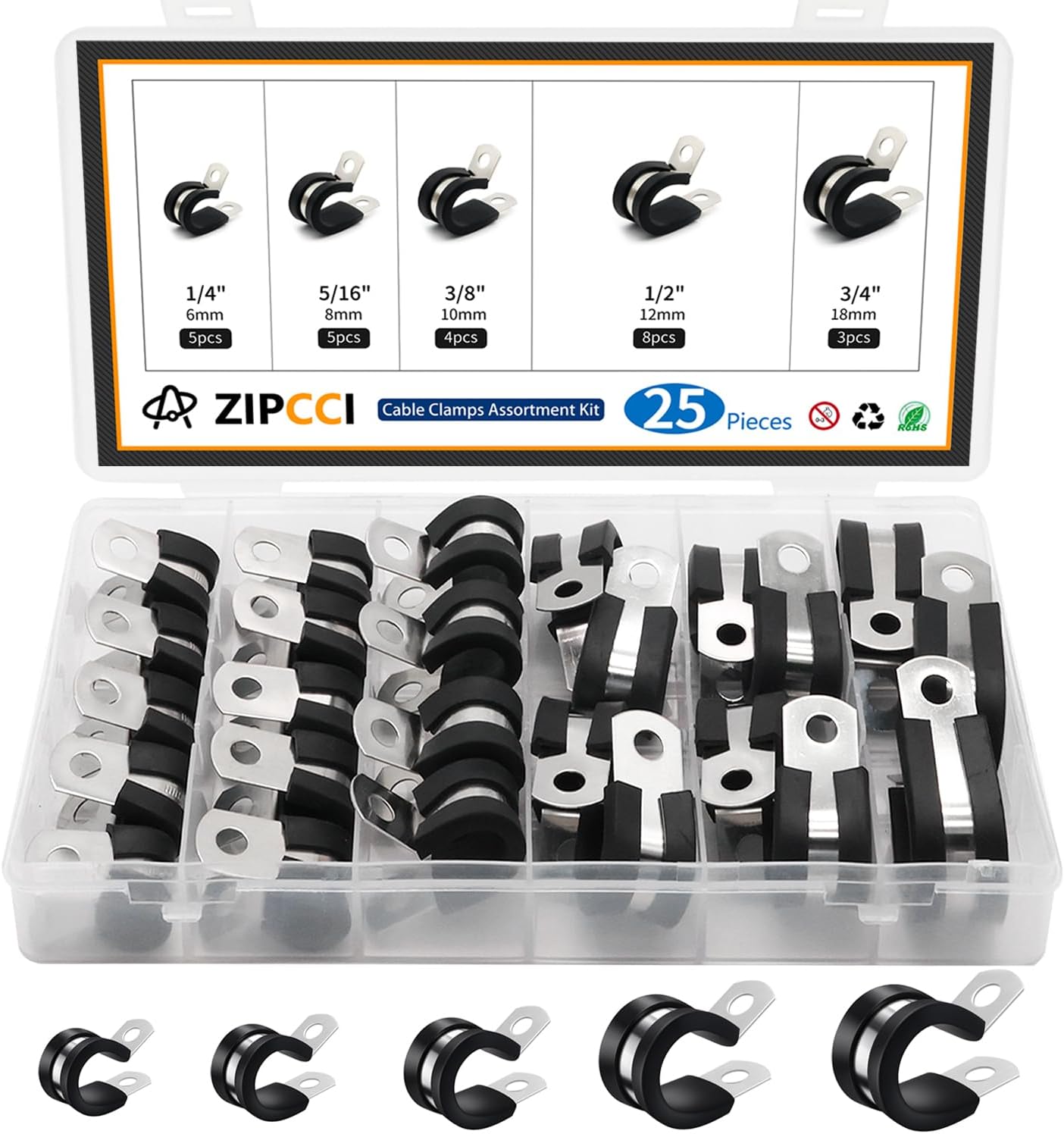 ZIPCCI Cable Clamps Assortment Kit, 25 Pack Stainless Steel Rubber Cushion Pipe Clips (1/4'' 5/16'' 3/8'' 1/2'' 5/8'' 3/4'' inch)