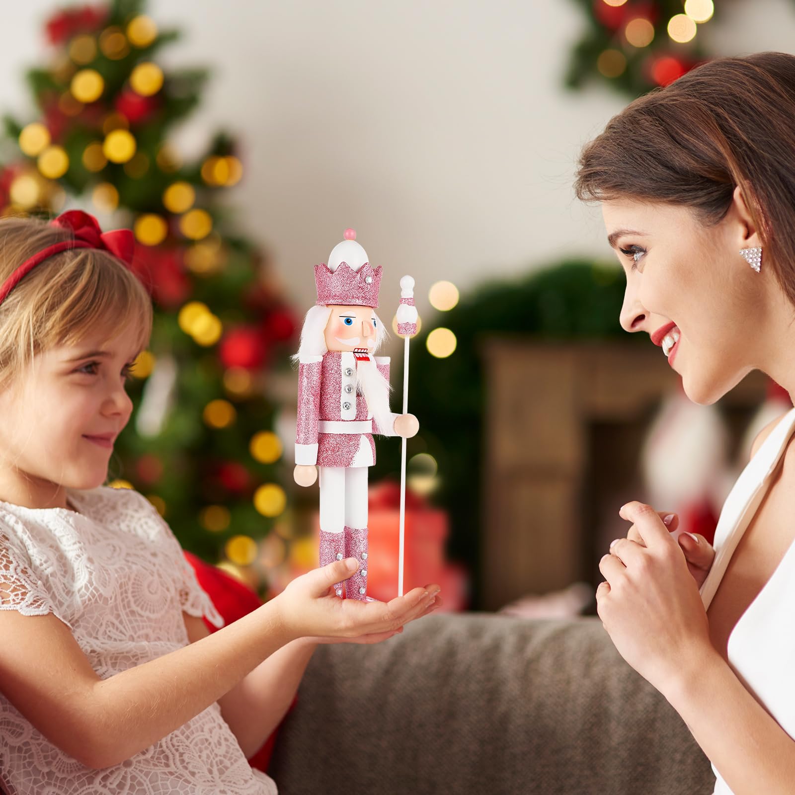 NOLITOY Christmas Nutcracker Pink Traditional Wooden Glitter Nutcracker 12 Inches Soldier Figure Christmas Holiday Décor for Shelves and Tables