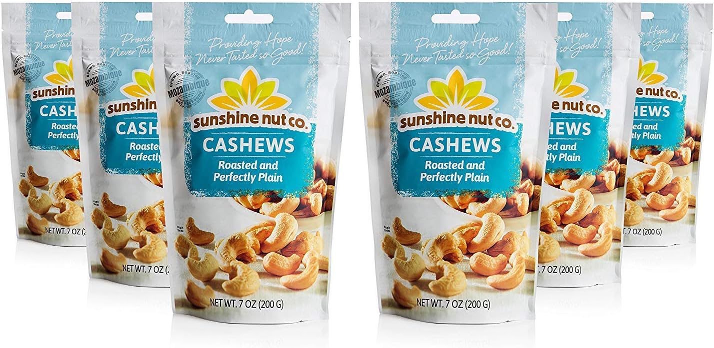 Sunshine Nut Company Whole Roasted Cashews, Perfectly Plain Flavor, No Added Salt, 6 Pack, 7 oz. Each, Gluten Free, Peanut Free and Vegan Individual Snack Packs for Kids and Adults, GMO Free