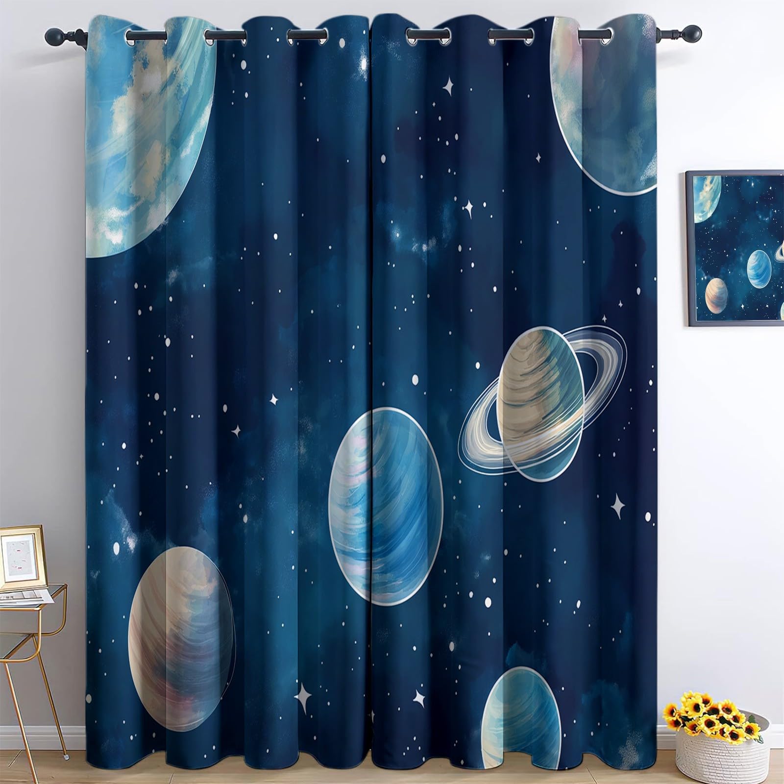 Genérico Cortina Opaca Espacio De Acuarela Planetas Impresión 3D Cortinas con Ojales Juego de 2 Paneles 117 x 229 cm para niños, niñas, Cortinas de Ventana para Dormitorio