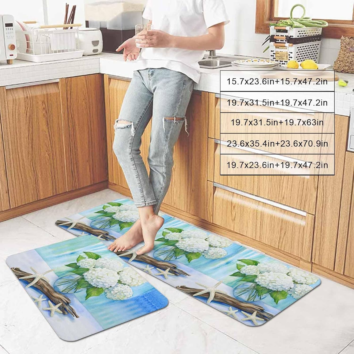 Prime Leader White Hydrangea Kitchen Mat Set 2 Pieces Driftwood White Starfish Summer Countryside Non Slip Kitchen Rugs Washable Runner Rug Mats for Sink Laundry (19.7" x 31.5"+19.7" x 47.2")